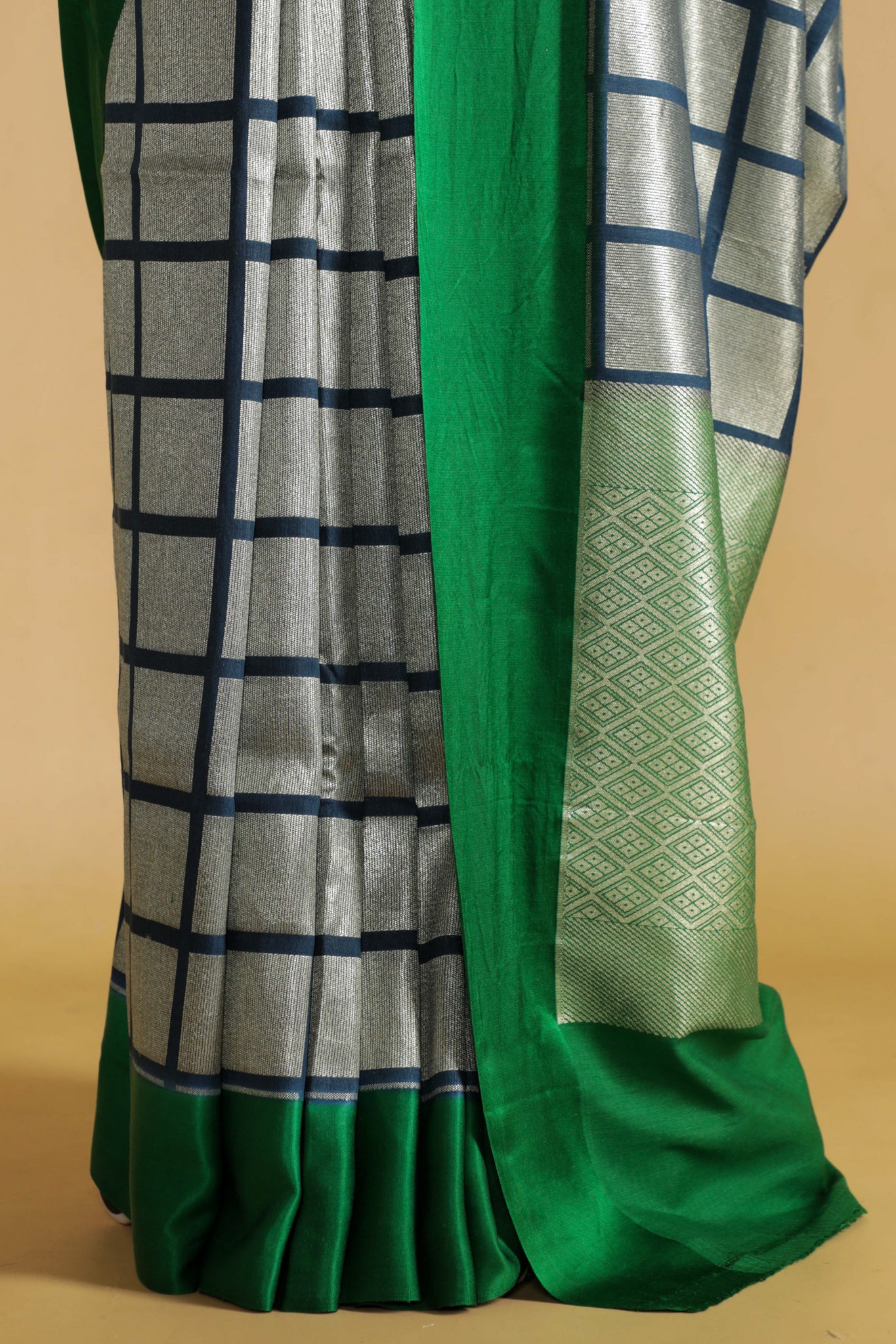 Ash Blue Handloom Silk Saree with Silver Zari Geometric Weaving - Mokshaa