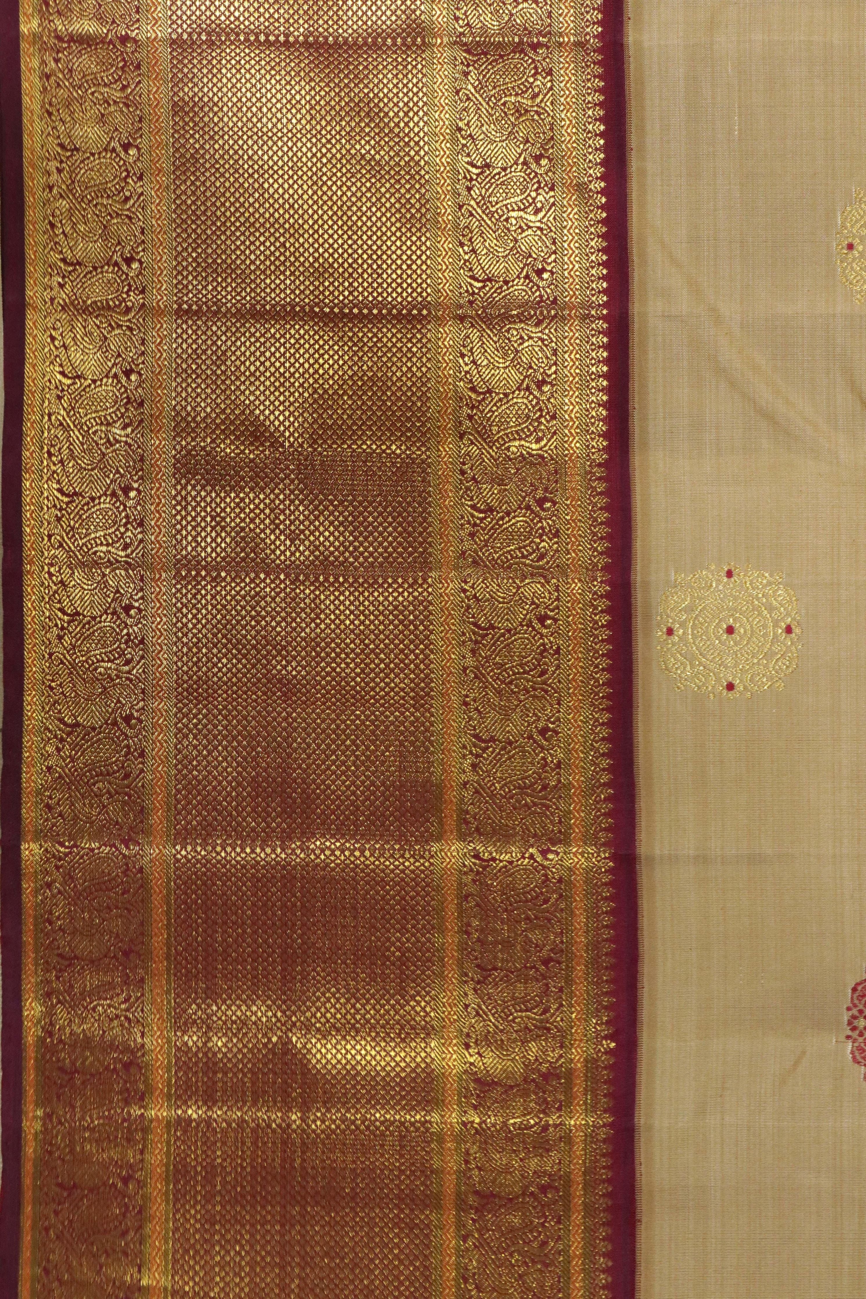 Beige Kanchipuram Silk Saree with Zari & Thread Motifs and Contrast Zari Border - Mokshaa