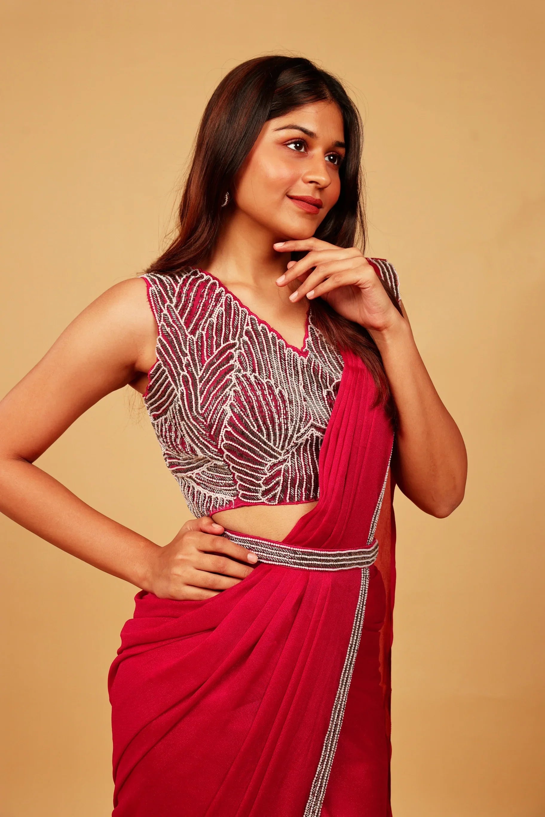 Pink Shimmer Drape Saree with Pearl & Cutdana Embroidery - Mokshaa