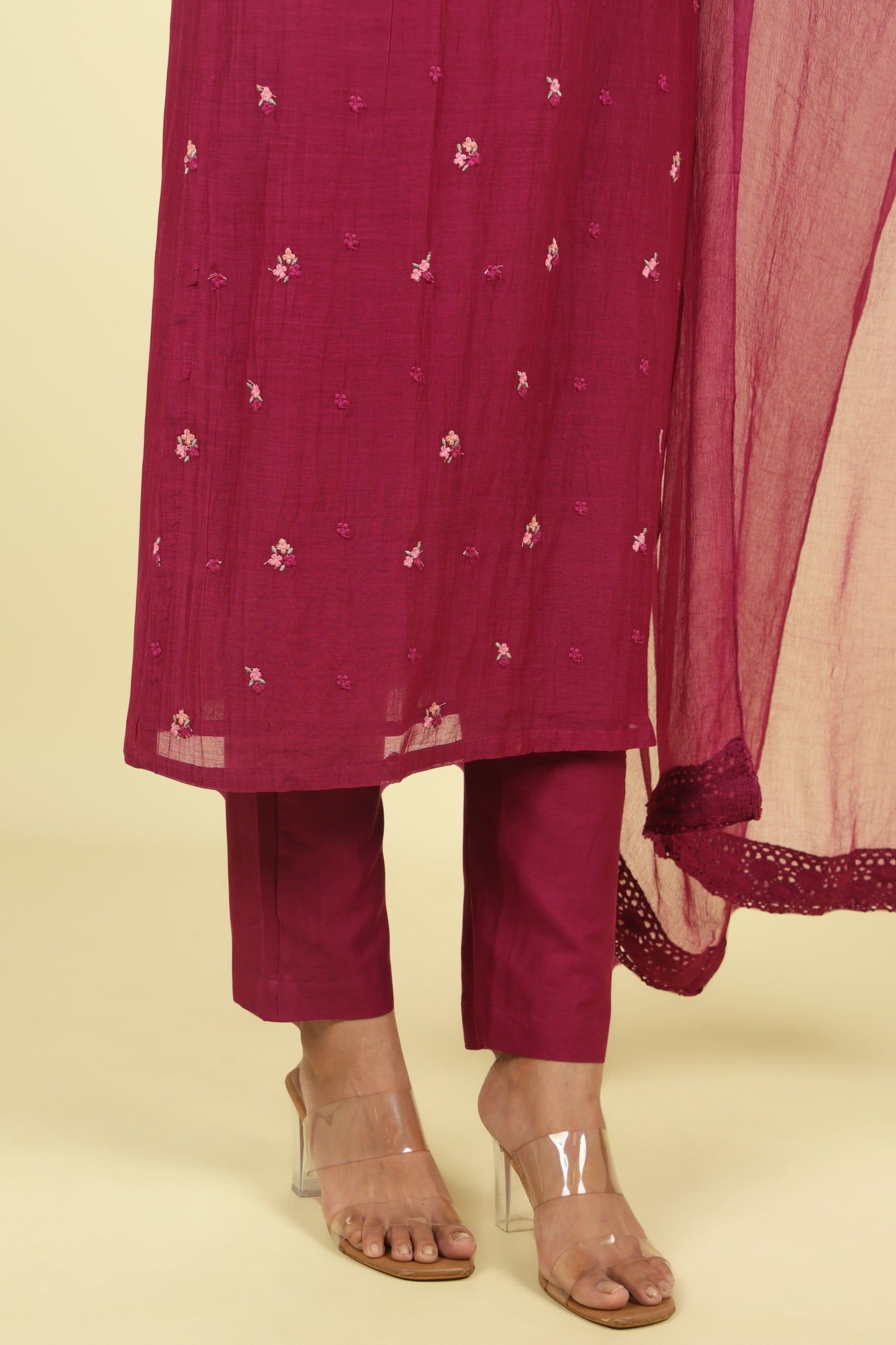 Magenta Mul Chanderi Straight Cut Salwar Set with Chiffon Dupatta - Mokshaa