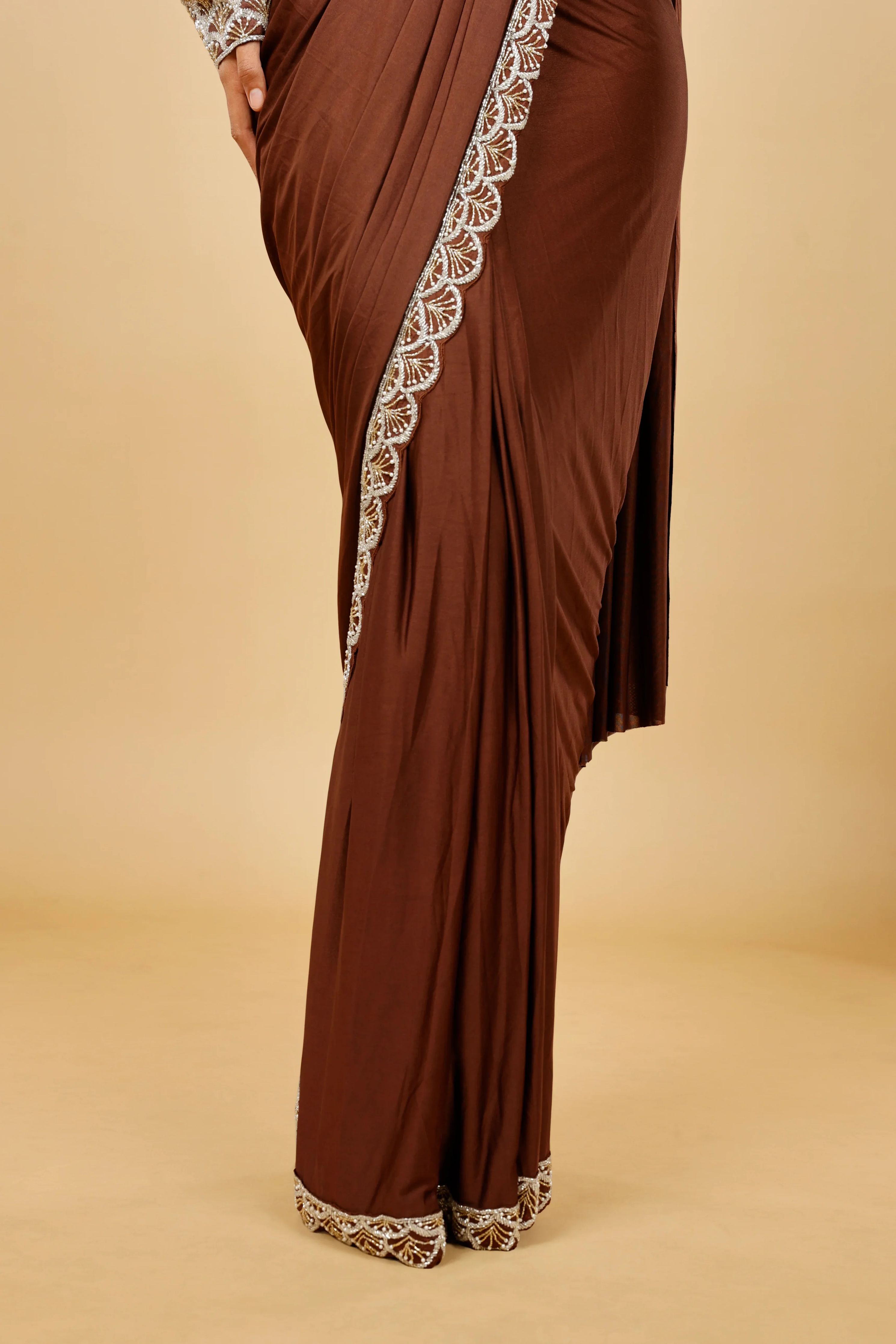 Brown Satin Lycra Drape Saree with Pearl & Cutdana Embroidery - Mokshaa