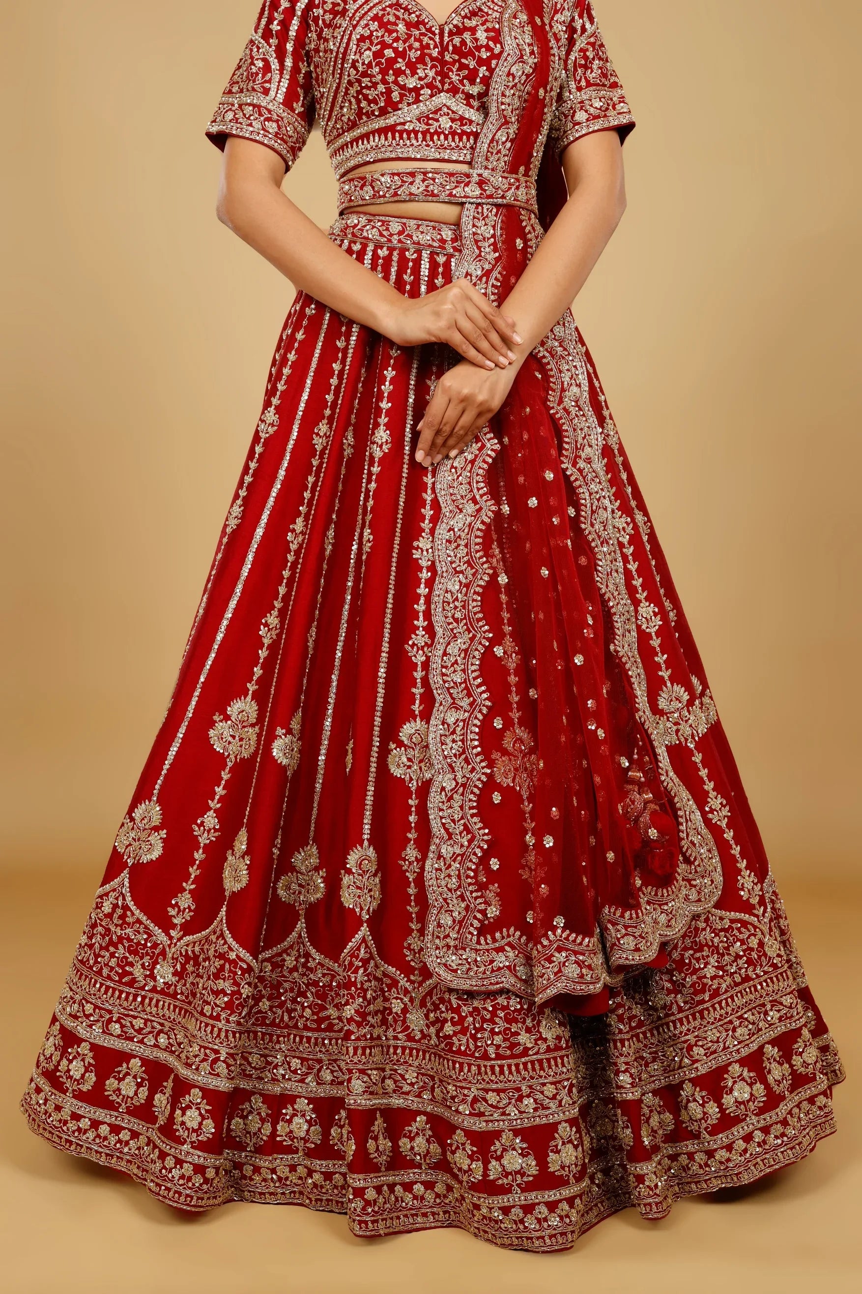 Maroon Raw Silk Bridal Lehenga Set with Zari, Sequin & Pearl Embroidery - Mokshaa