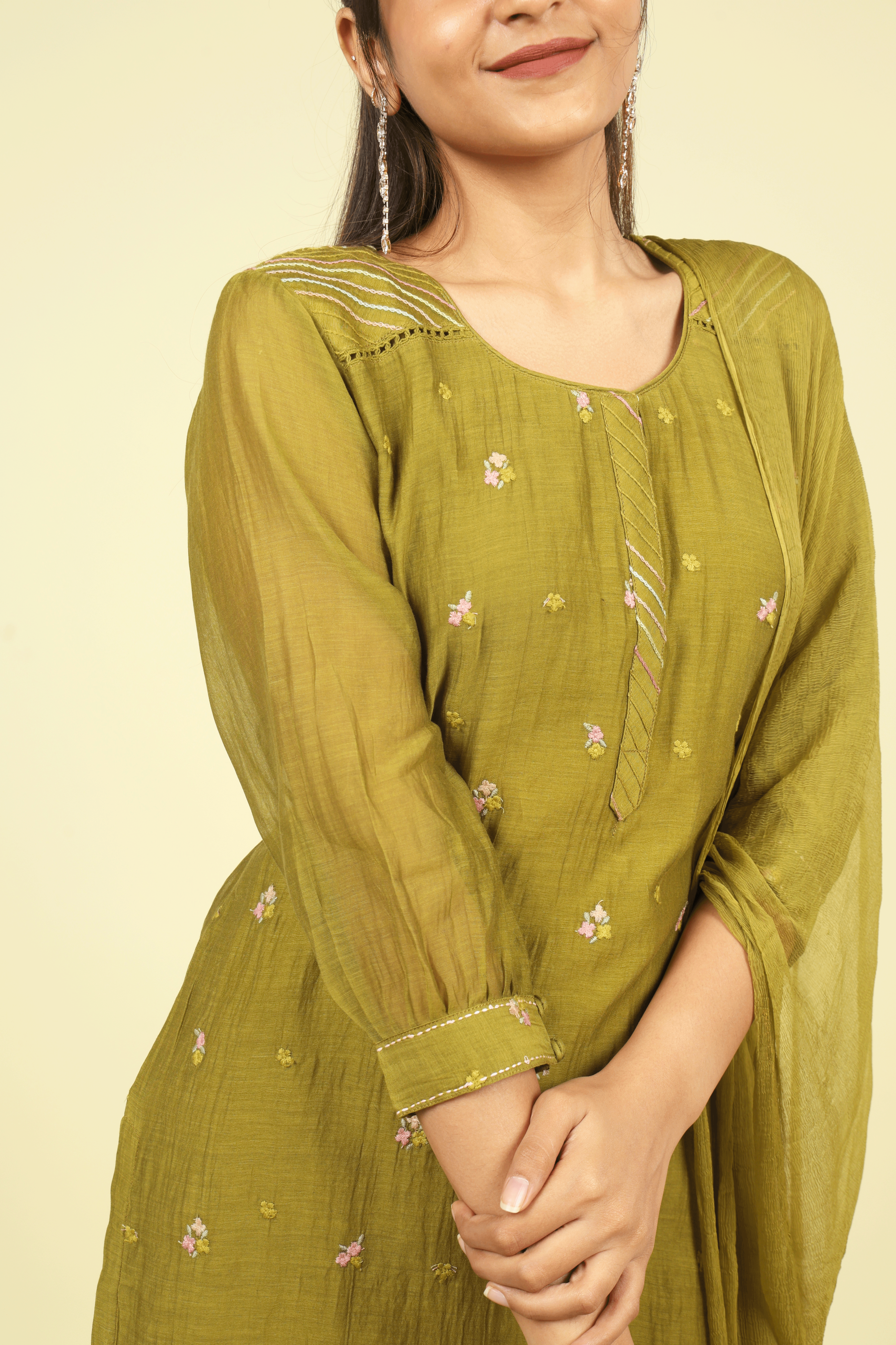 Olive Green Mul Chanderi Straight Cut Salwar Set with Chiffon Dupatta - Mokshaa