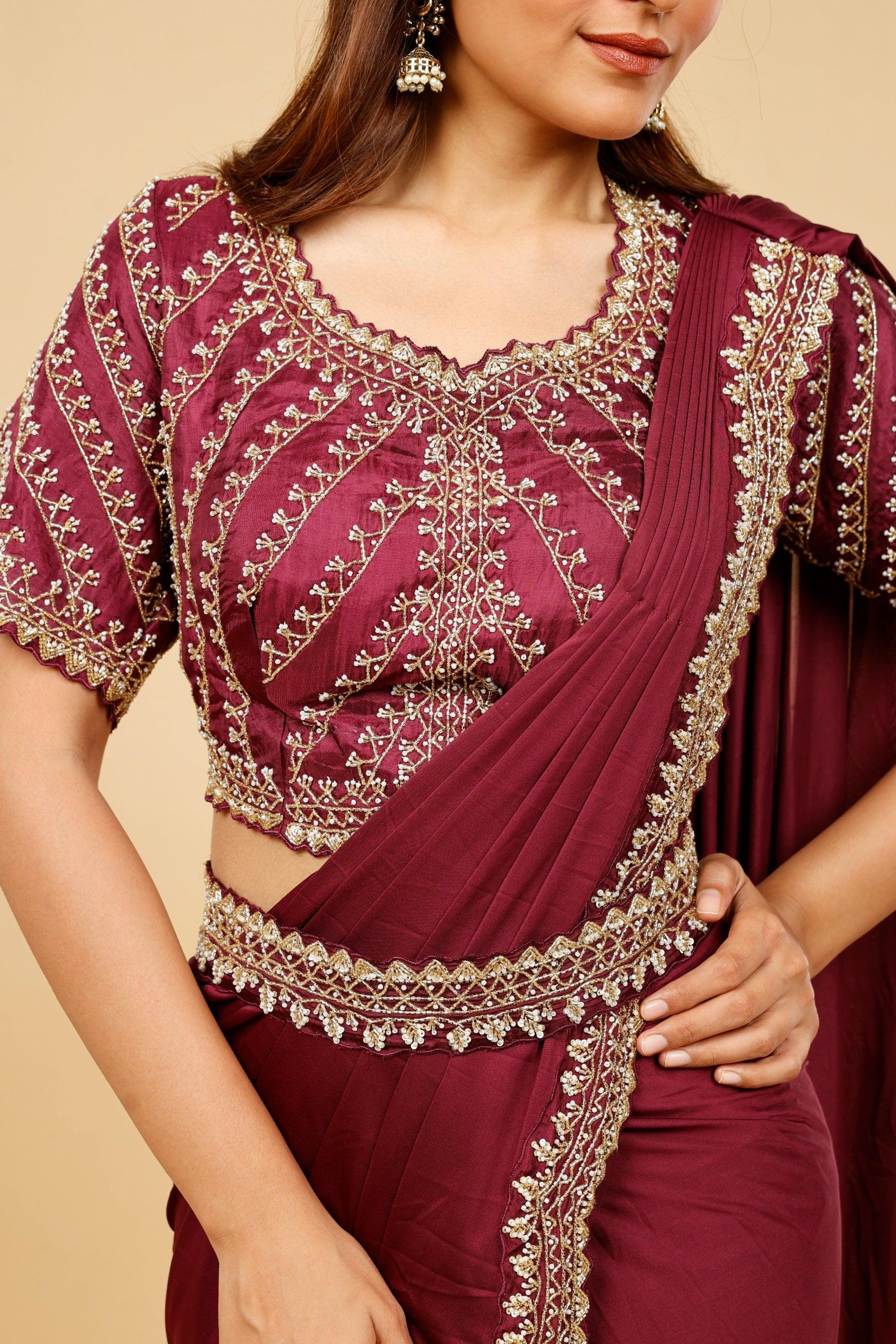 Maroon Satin Lycra Drape Saree with Pearl & Cutdana Embroidery - Mokshaa