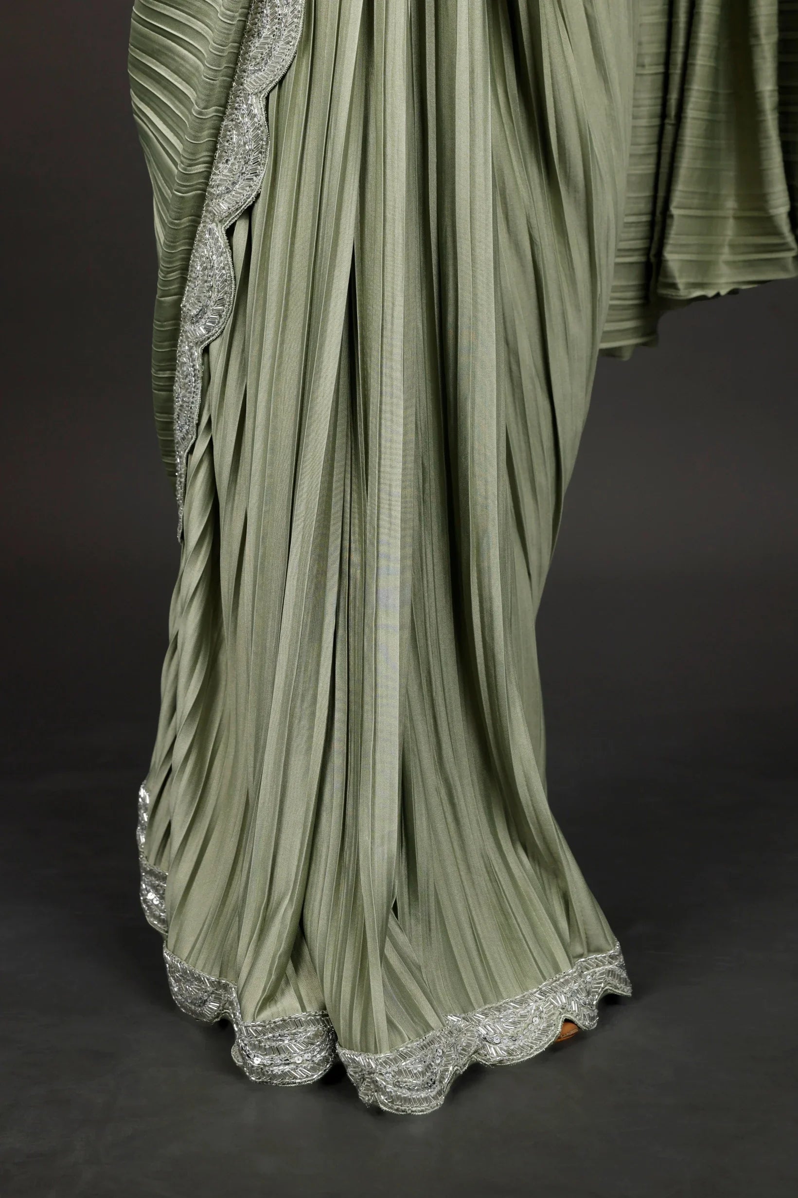 Light Green Lycra Drape Saree with Sequin & Cutdana Embroidered Blouse - Mokshaa