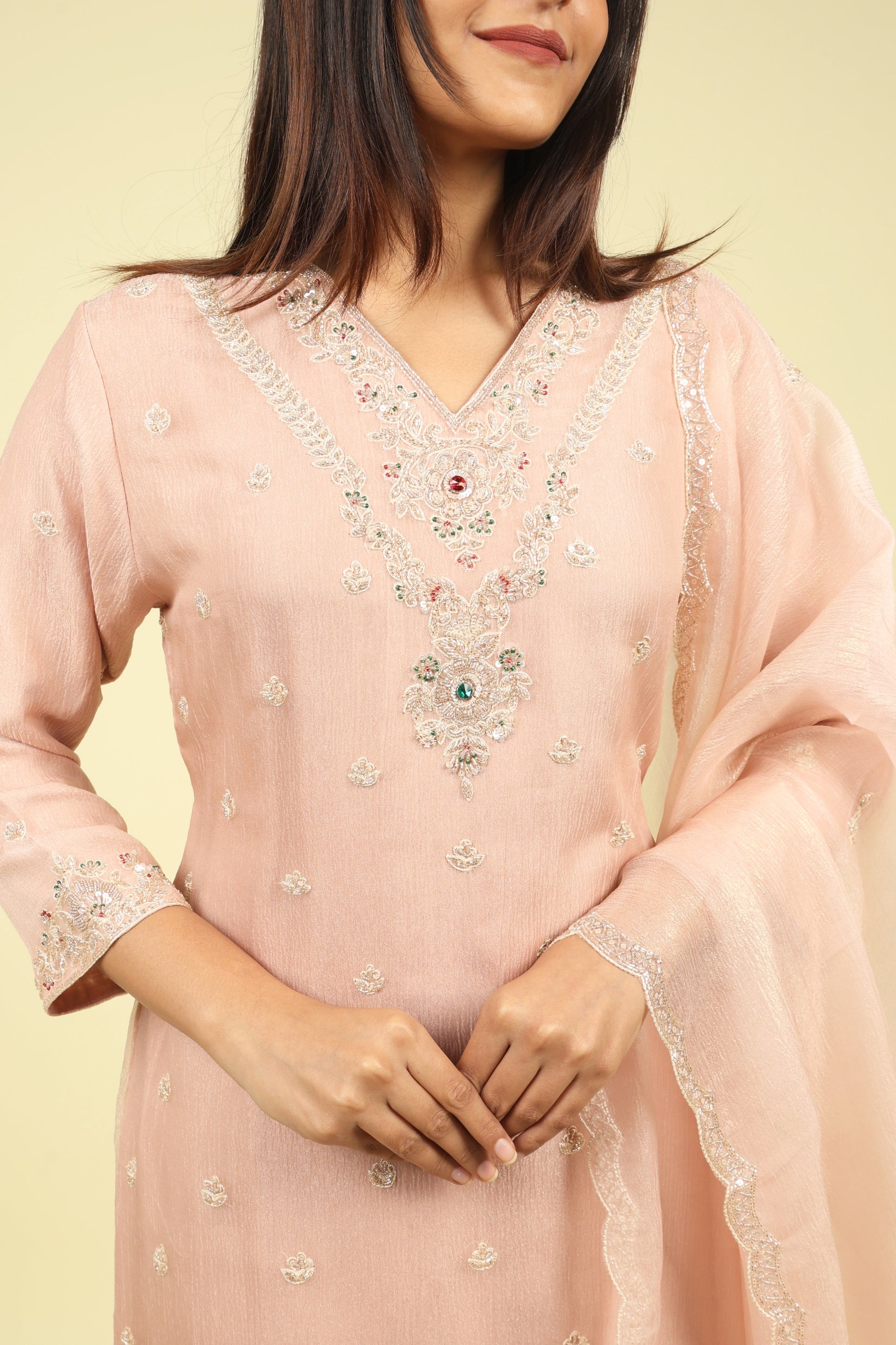 Blush Pink Crush Tissue Sharara Set with Pearl & Kutdana Embroidery - Mokshaa