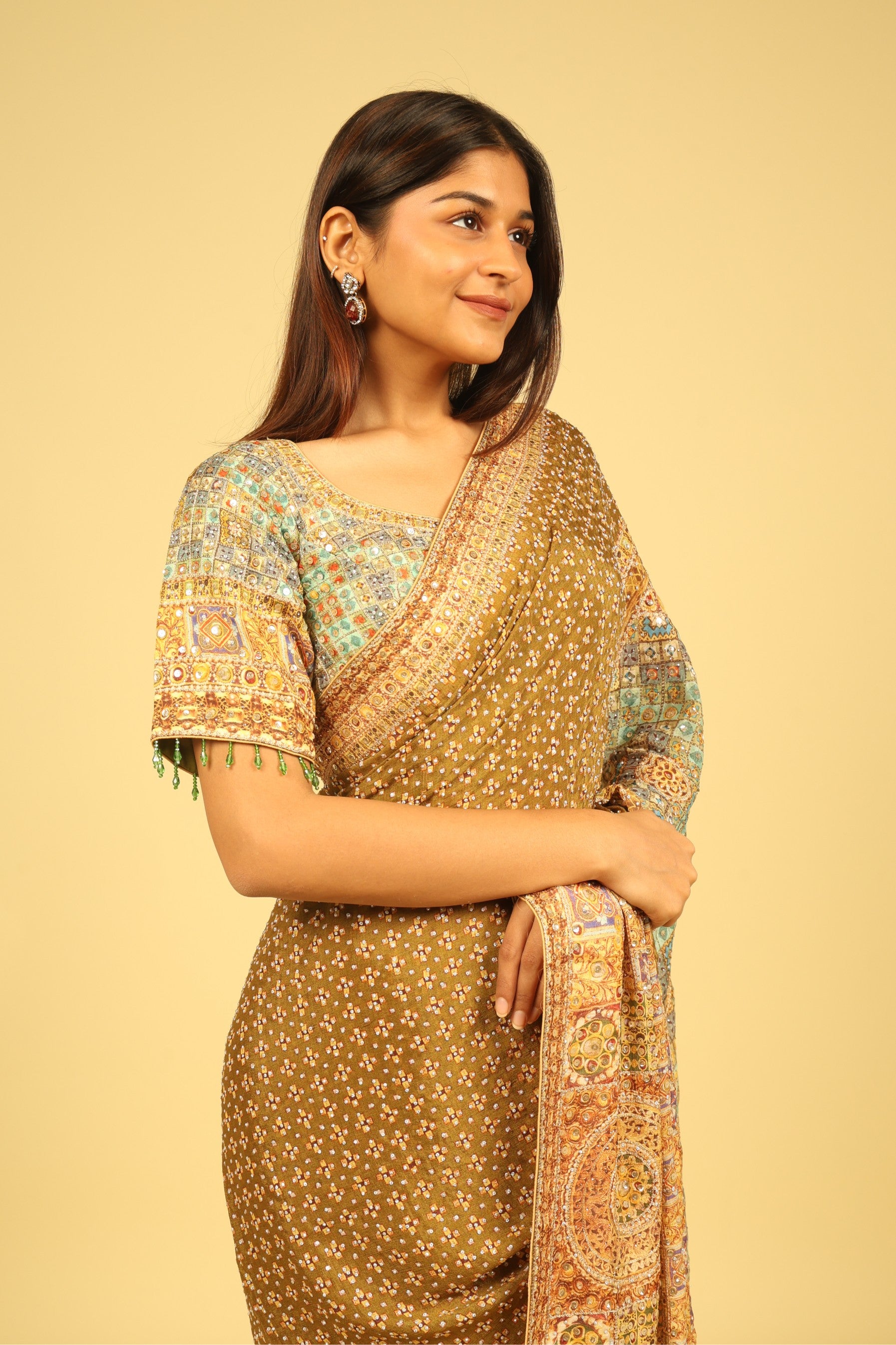 Dusty Green Soft Georgette Saree with Multicolour Digital Print, Sequin & Mirror Highlights - Mokshaa
