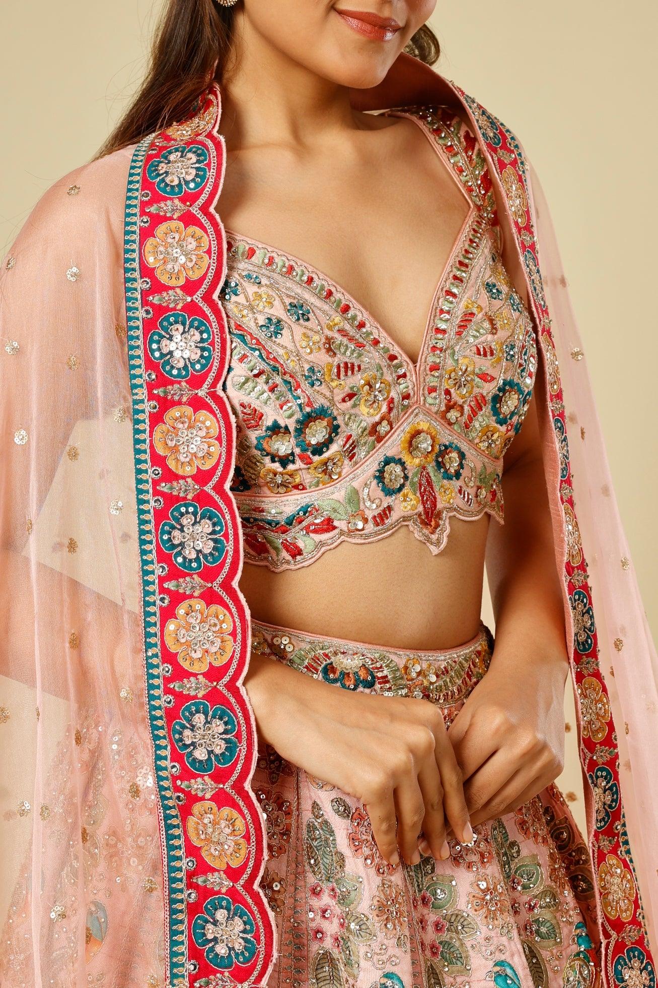 Blush Pink Silk Lehenga Set with Zari, Sequin & Stone Embroidery - Mokshaa