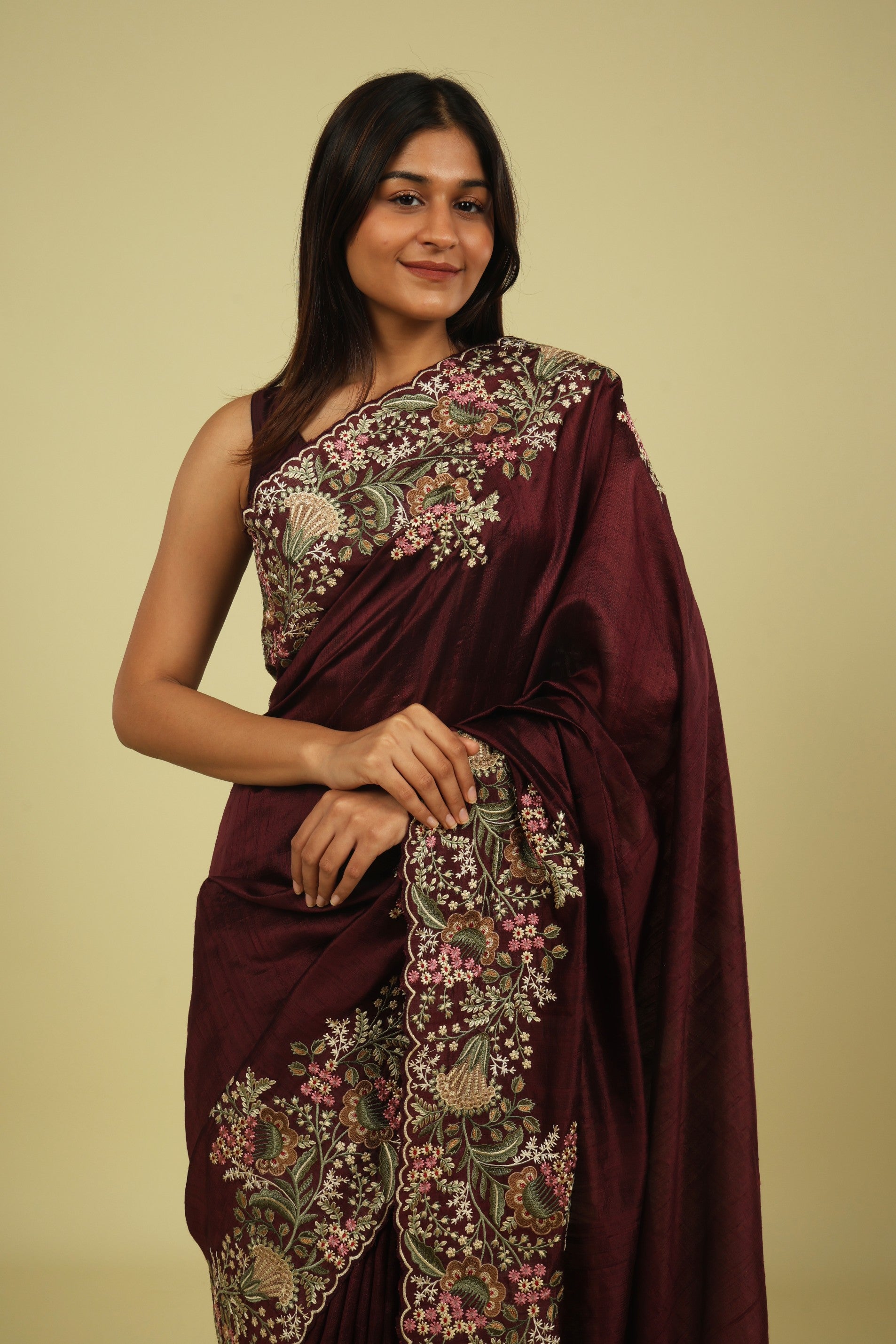 Dark Wine Handloom Tussar Saree with Multi-Thread Embroidered Border - Mokshaa