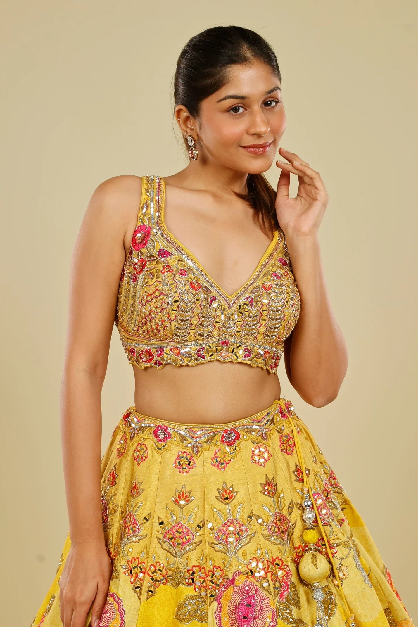 Yellow Silk Printed Lehenga Set with Thread, Mirror & Zari Embroidery - Mokshaa