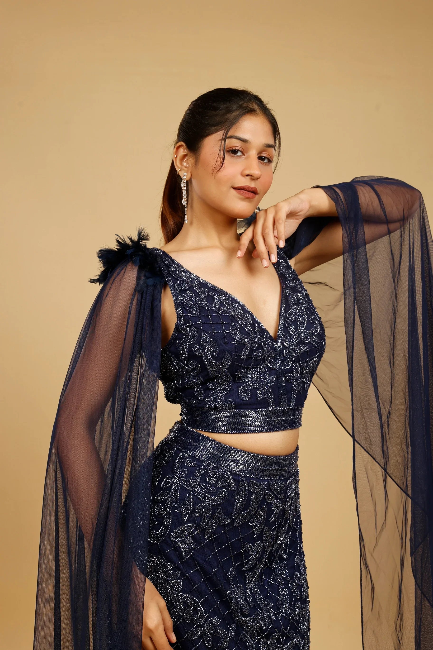 Navy Blue Net Mermaid Skirt Set with Cutdana Embroidery - Mokshaa