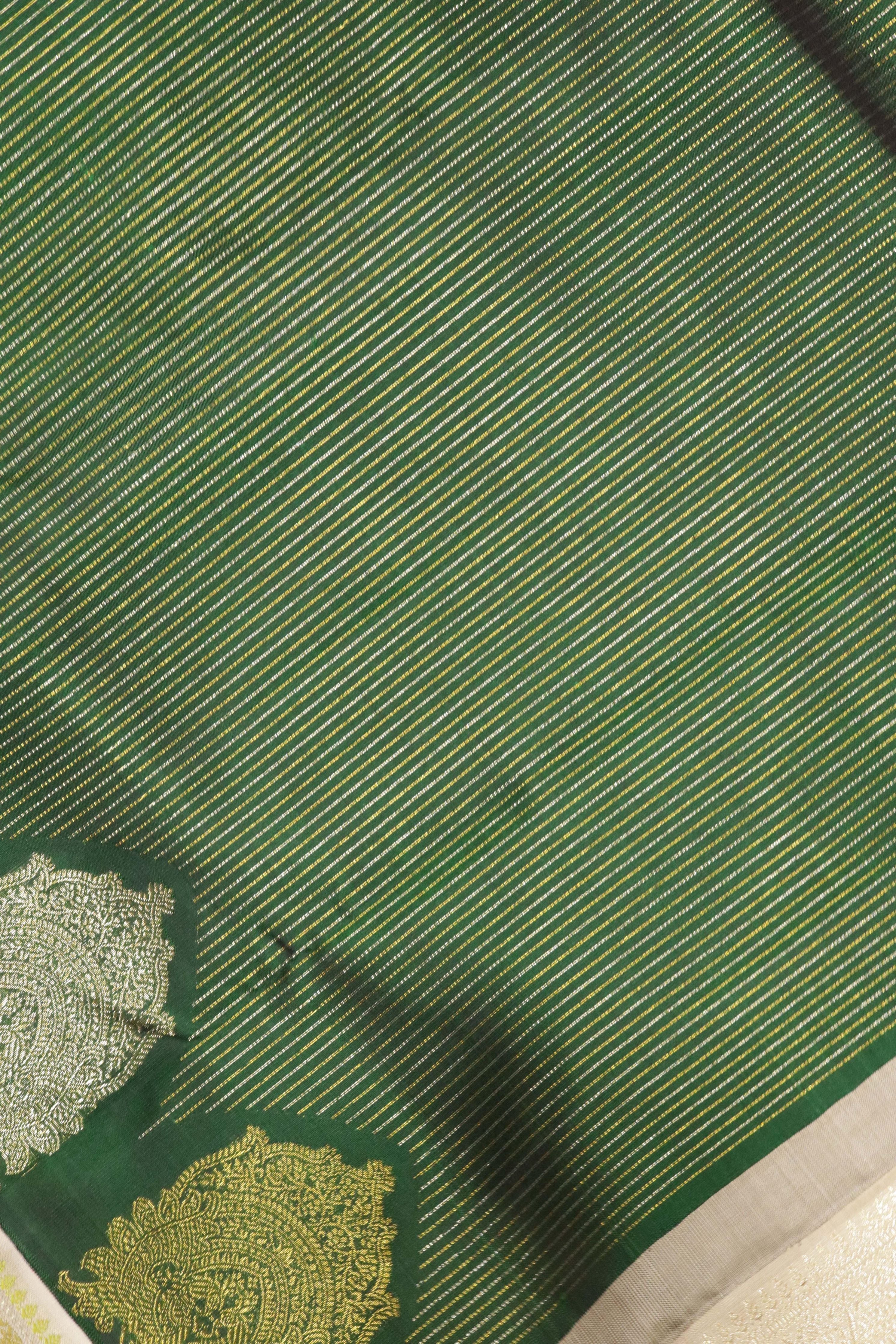 Bottle Green Kanchipuram Silk Saree with Self Stripes, Zari Weaving & Contrast Thread Border - Mokshaa