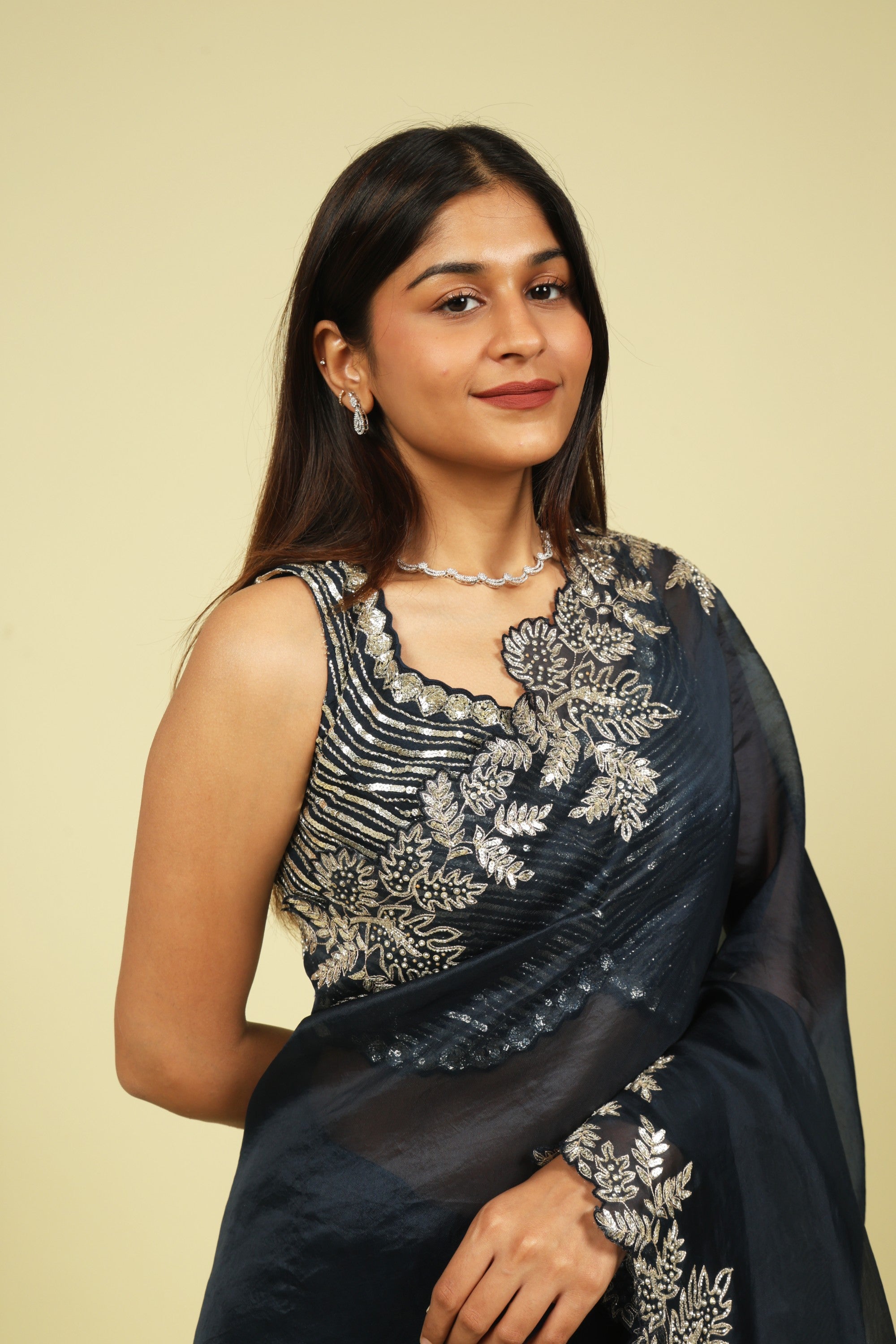 Navy Blue Organza Saree with Aari Beads, Sequins & Fancy Cut Border - Mokshaa
