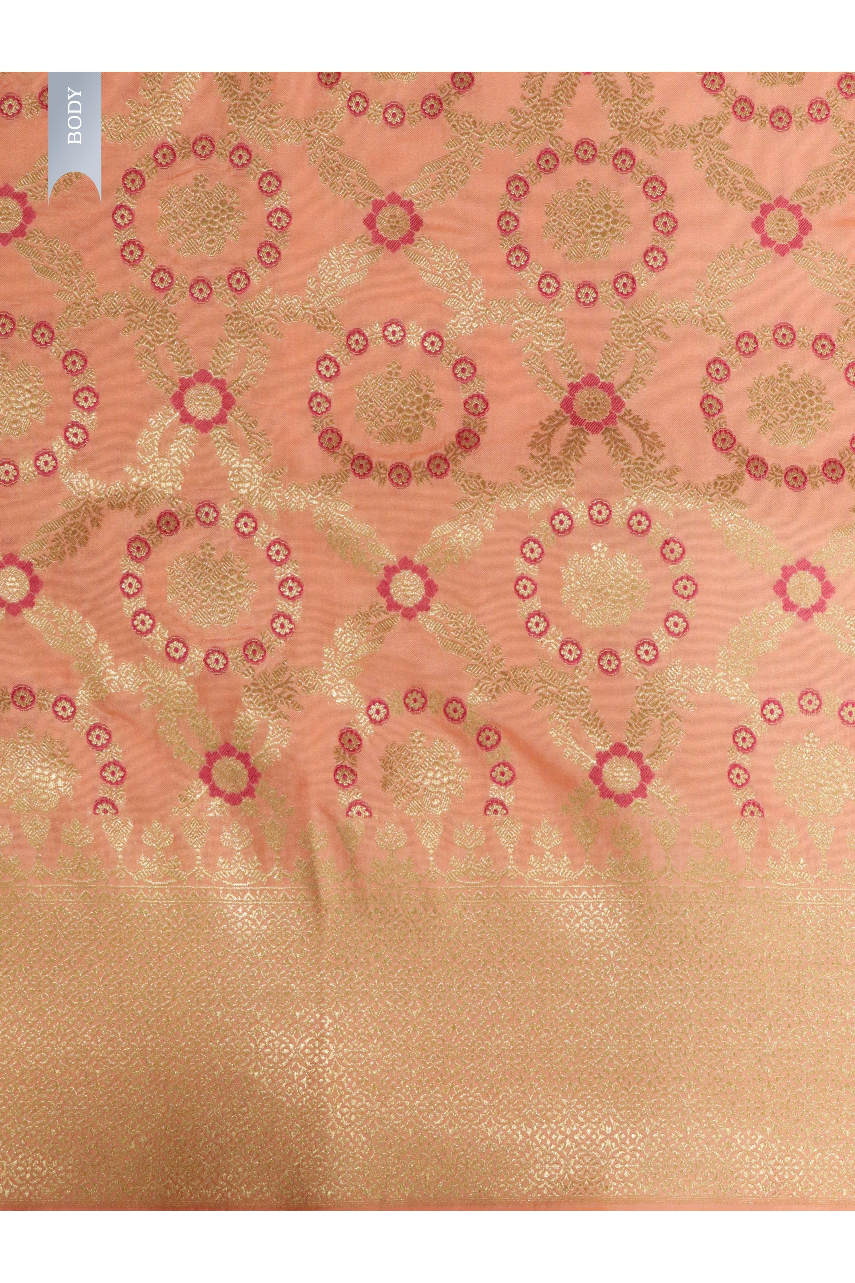 Peach Banarasi Silk Saree with All-Over Zari & Thread Weaving - Mokshaa