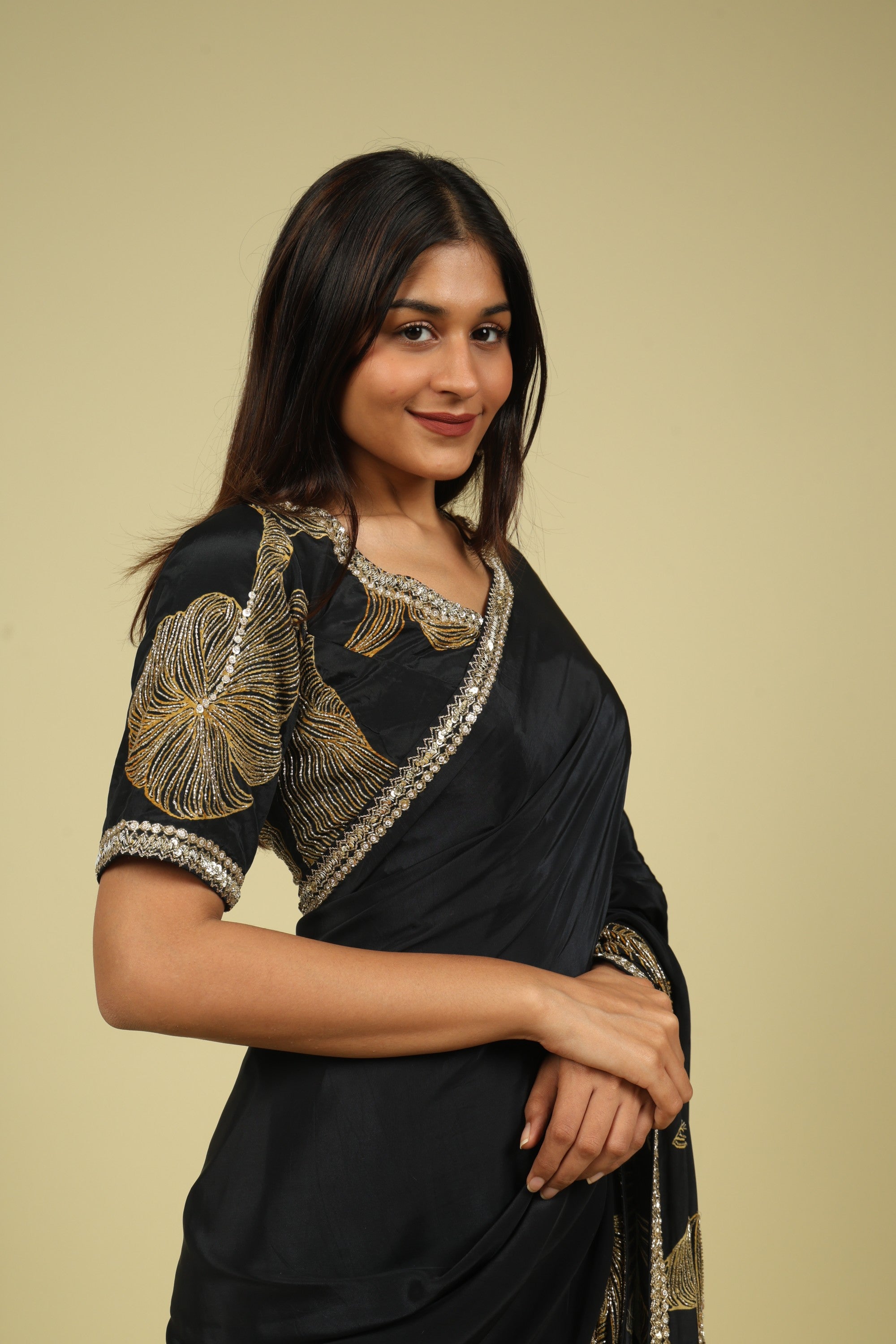 Black Satin Saree with Kardana & Sequin Fancy Work - Mokshaa