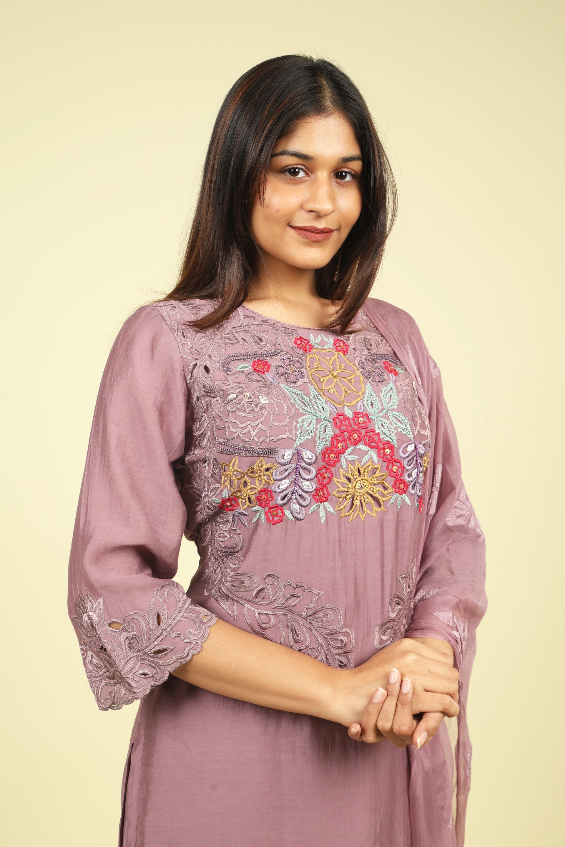Dark Lavender Mul Chanderi Embroidered Straight Cut Salwar Suit - Mokshaa