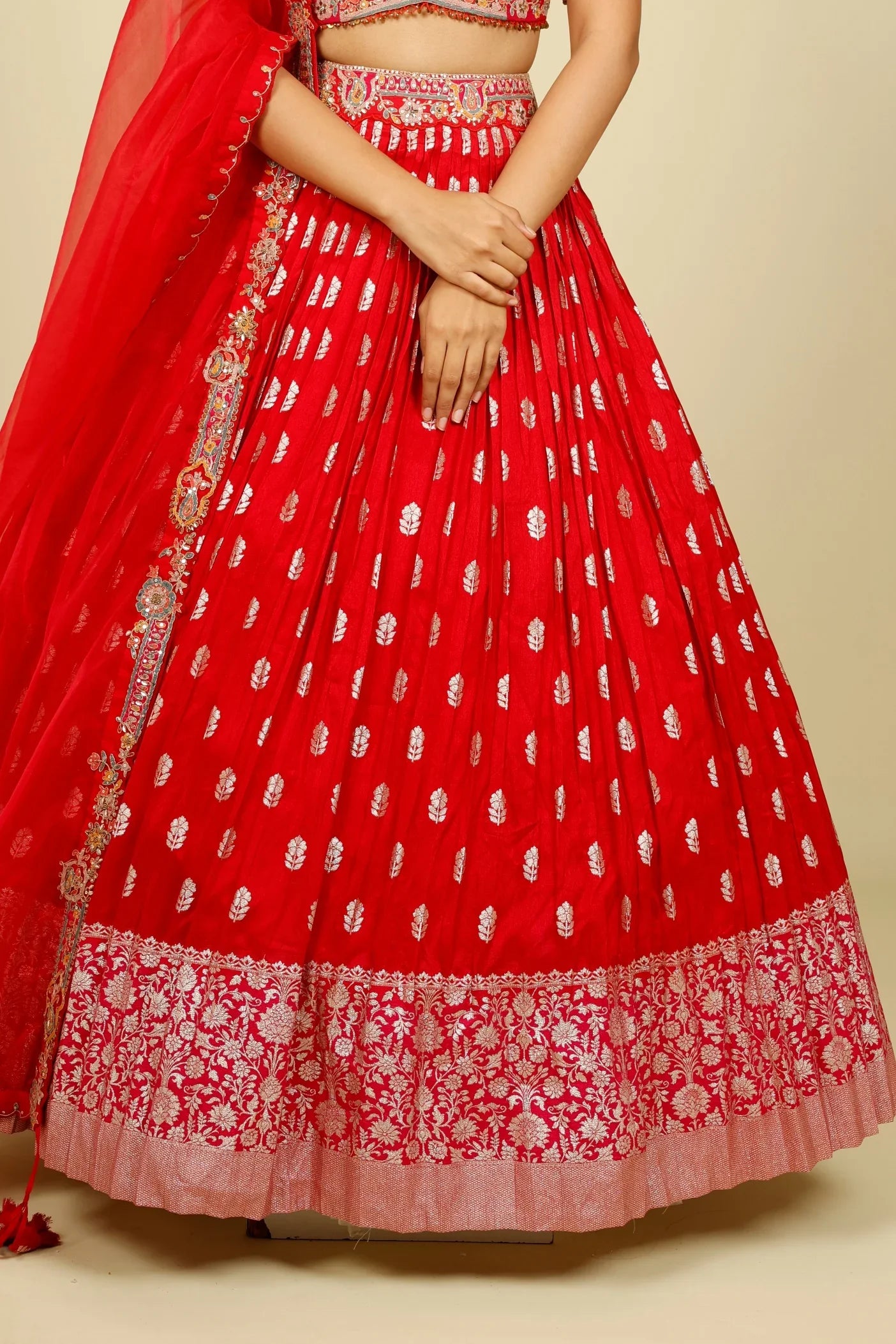 Red & Pink Banarasi Silk Lehenga Set with Zari & Sequin Embroidery - Mokshaa