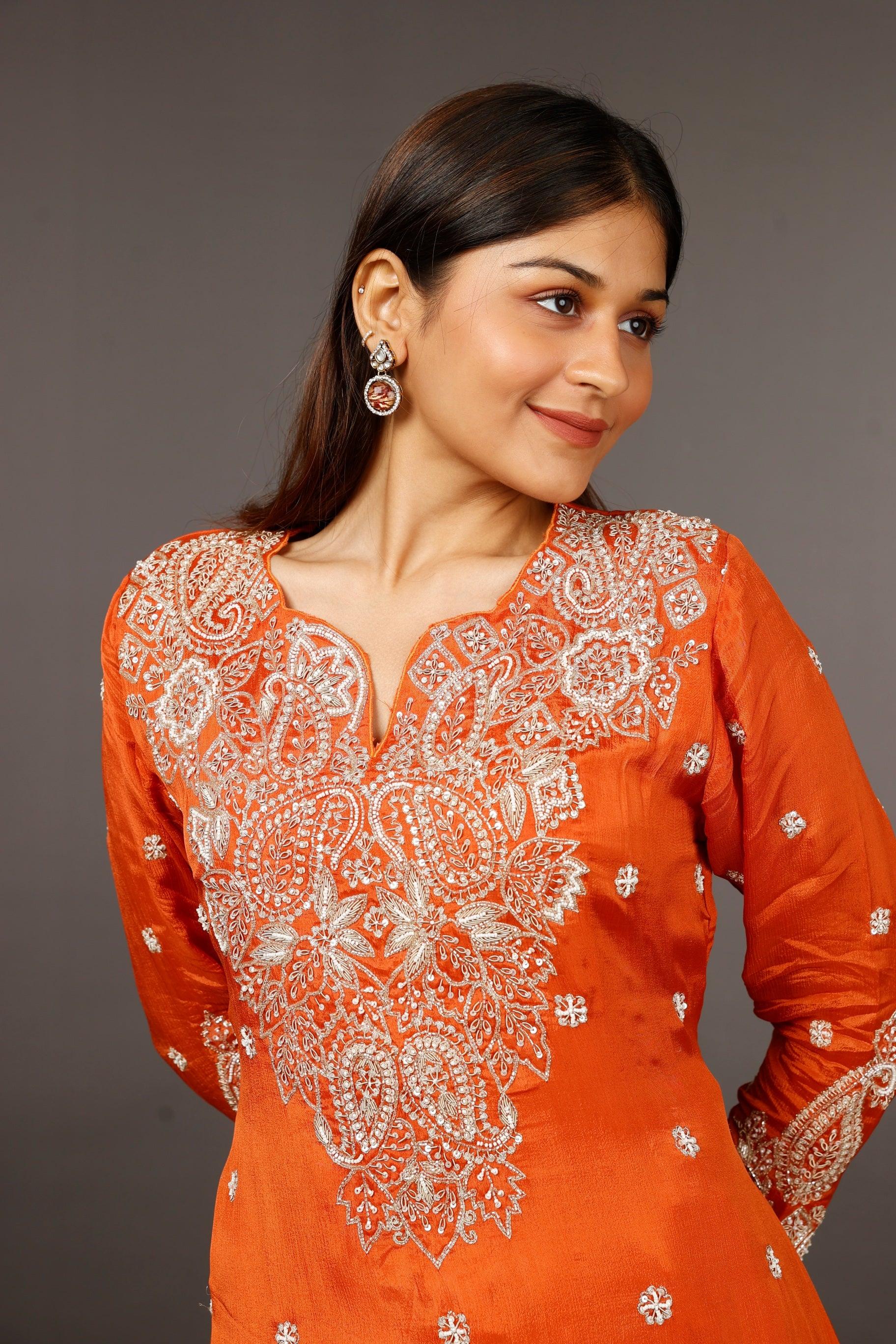 Rust Chinon Silk Indo-Western Kurta with Cream Dhoti Pants - Mokshaa
