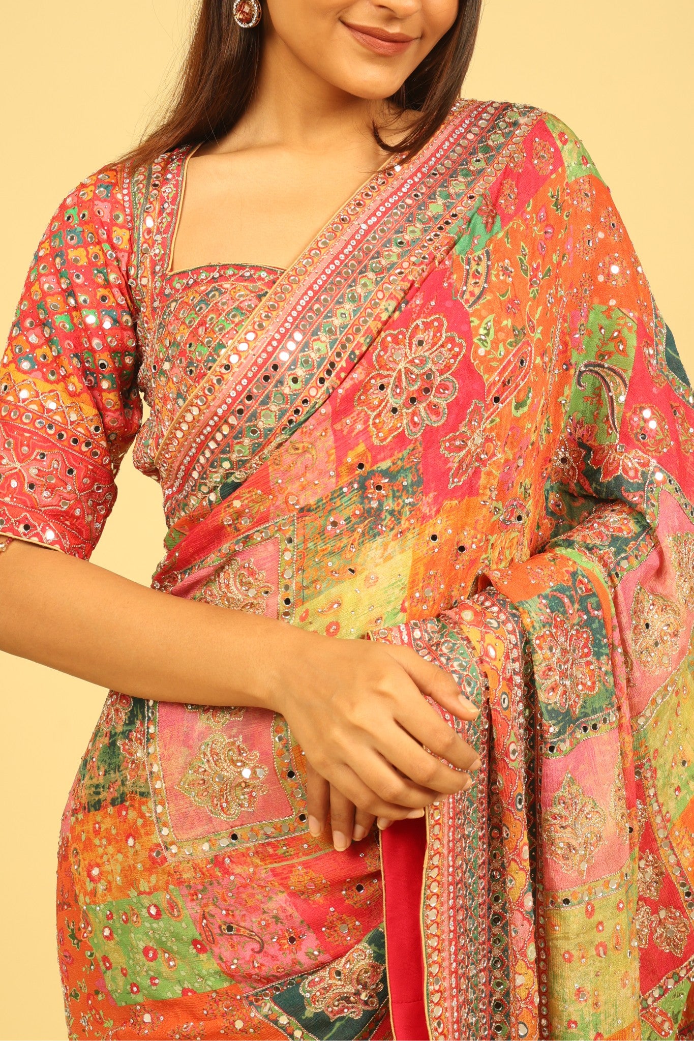 Multicolour Soft Georgette Saree with Digital Print, Sequin & Mirror Highlights - Mokshaa
