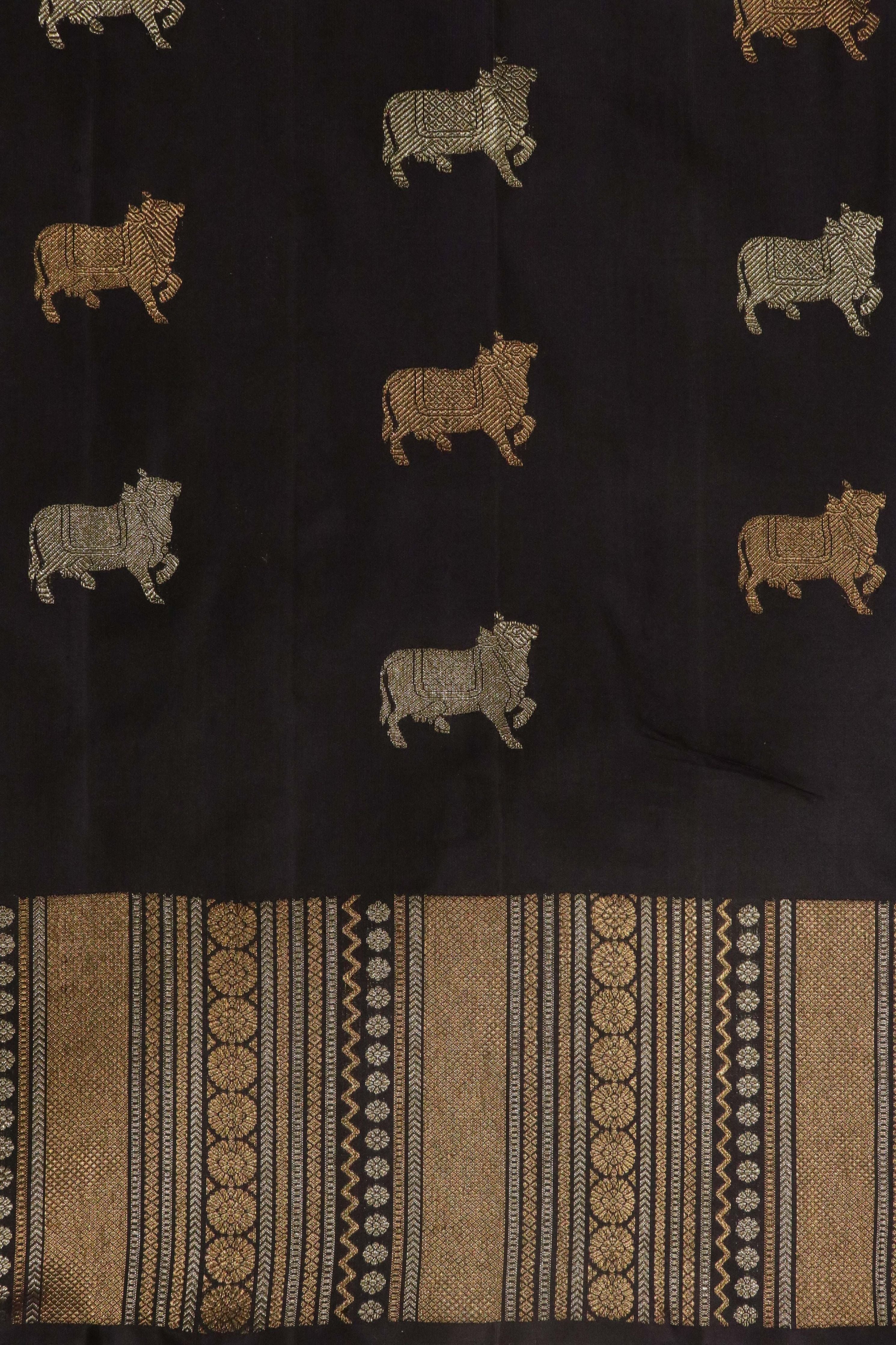 Brownish Purple Kanchipuram Silk Saree with Gold & Silver Cow Motifs and Fancy Border - Mokshaa