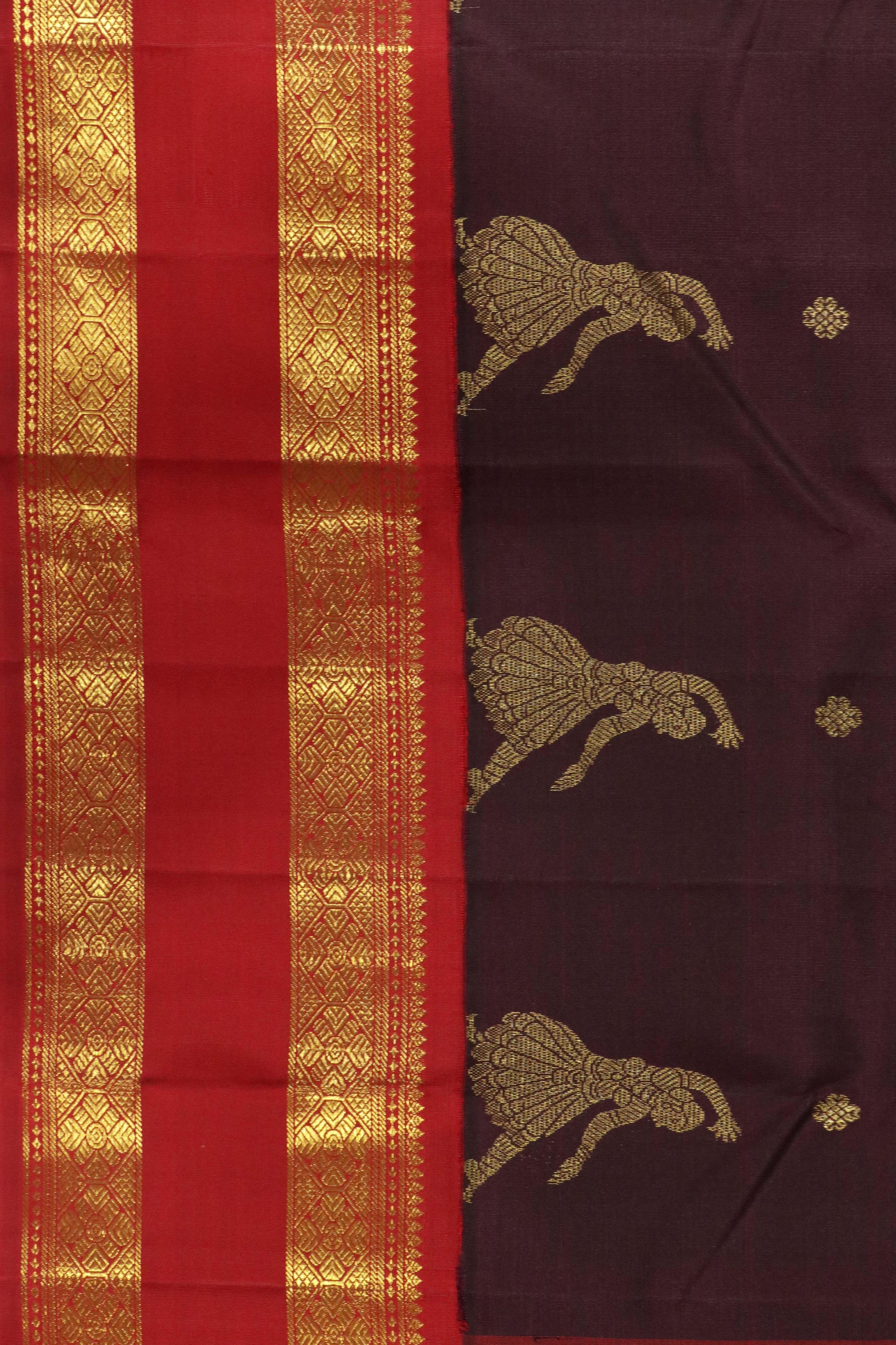 Chocolate Brown Kanchipuram Silk Saree with Motifs & Dancing Figurines and Contrast Zari Border - Mokshaa