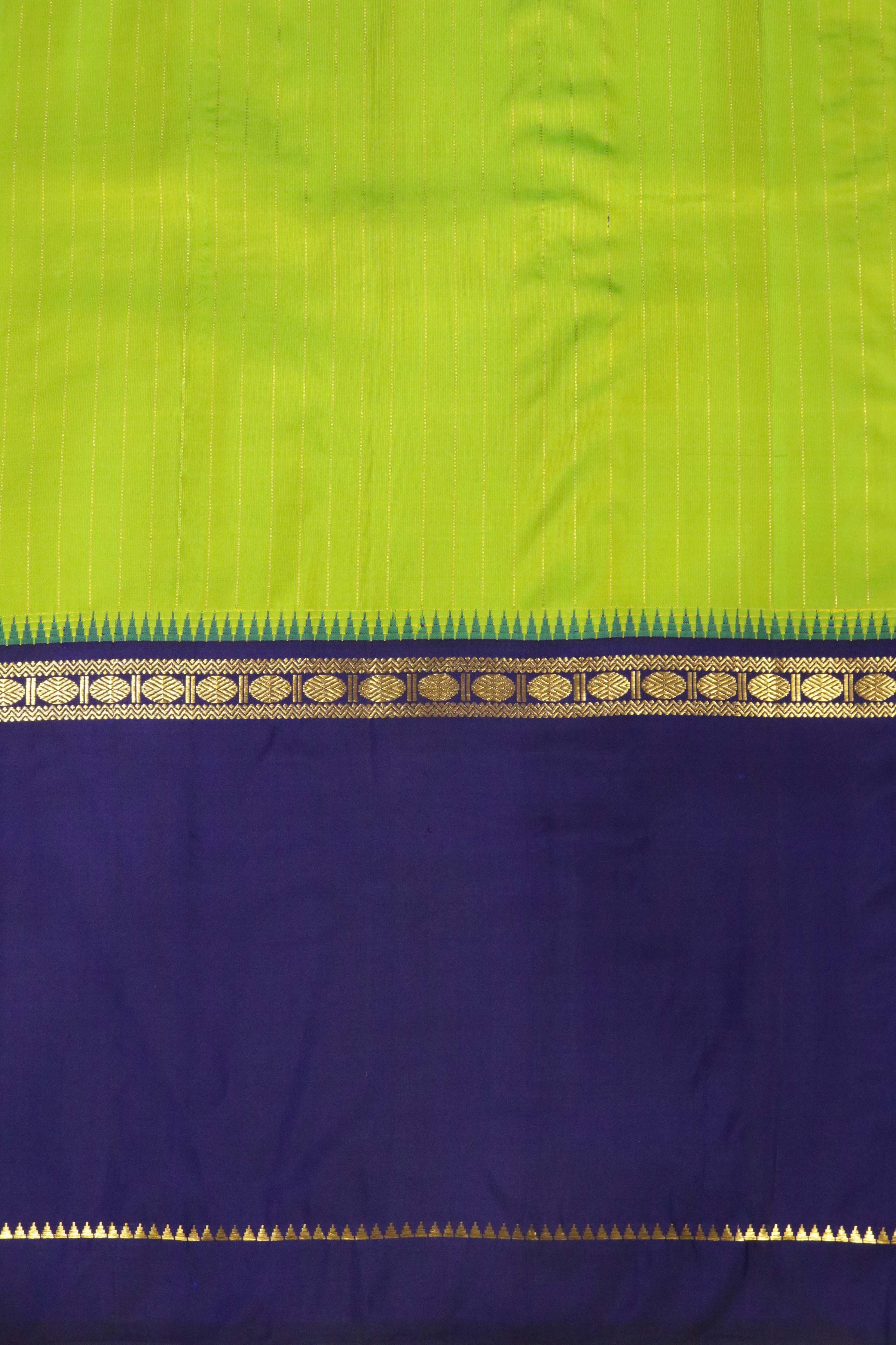Green & Blue Kanchipuram Silk Saree with Vertical Zari Lines & Rudraksha Border - Mokshaa