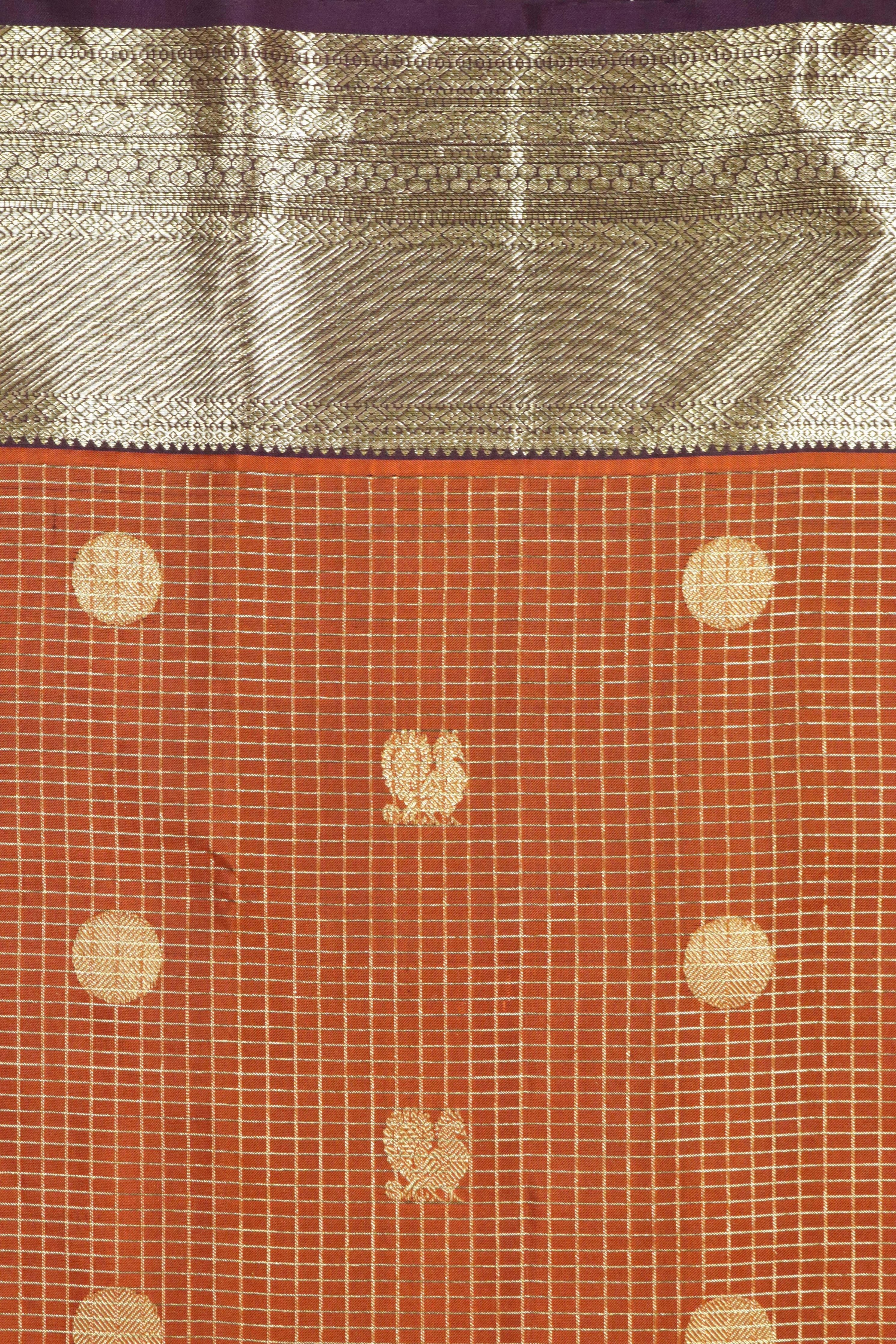 Rust Orange Kanchipuram Silk Saree with Zari Checks, Motifs & Weaving Border - Mokshaa