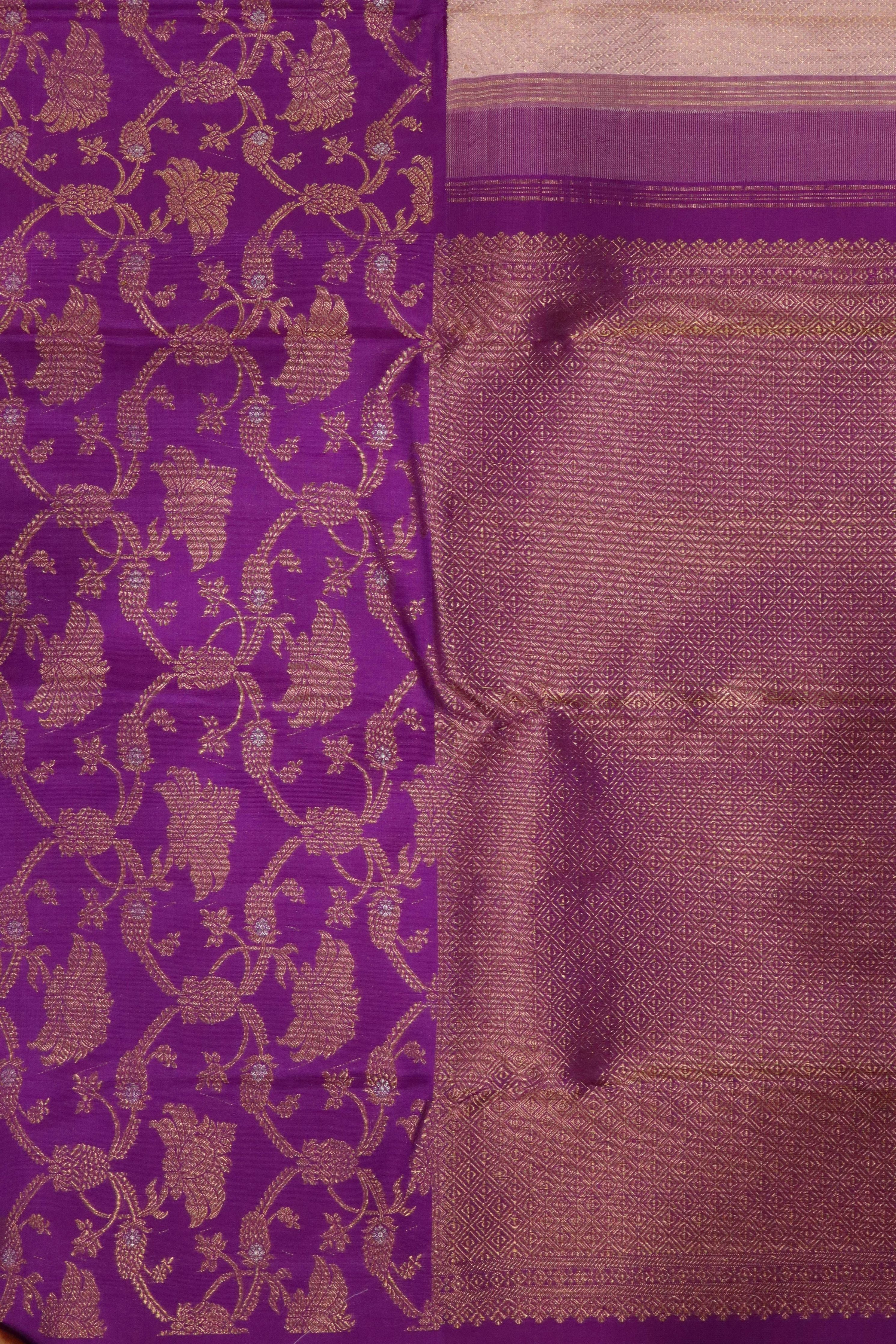 Onion Pink Kanchipuram Silk Saree with Self Zari Weaving and Contrast Zari Jaal Border - Mokshaa