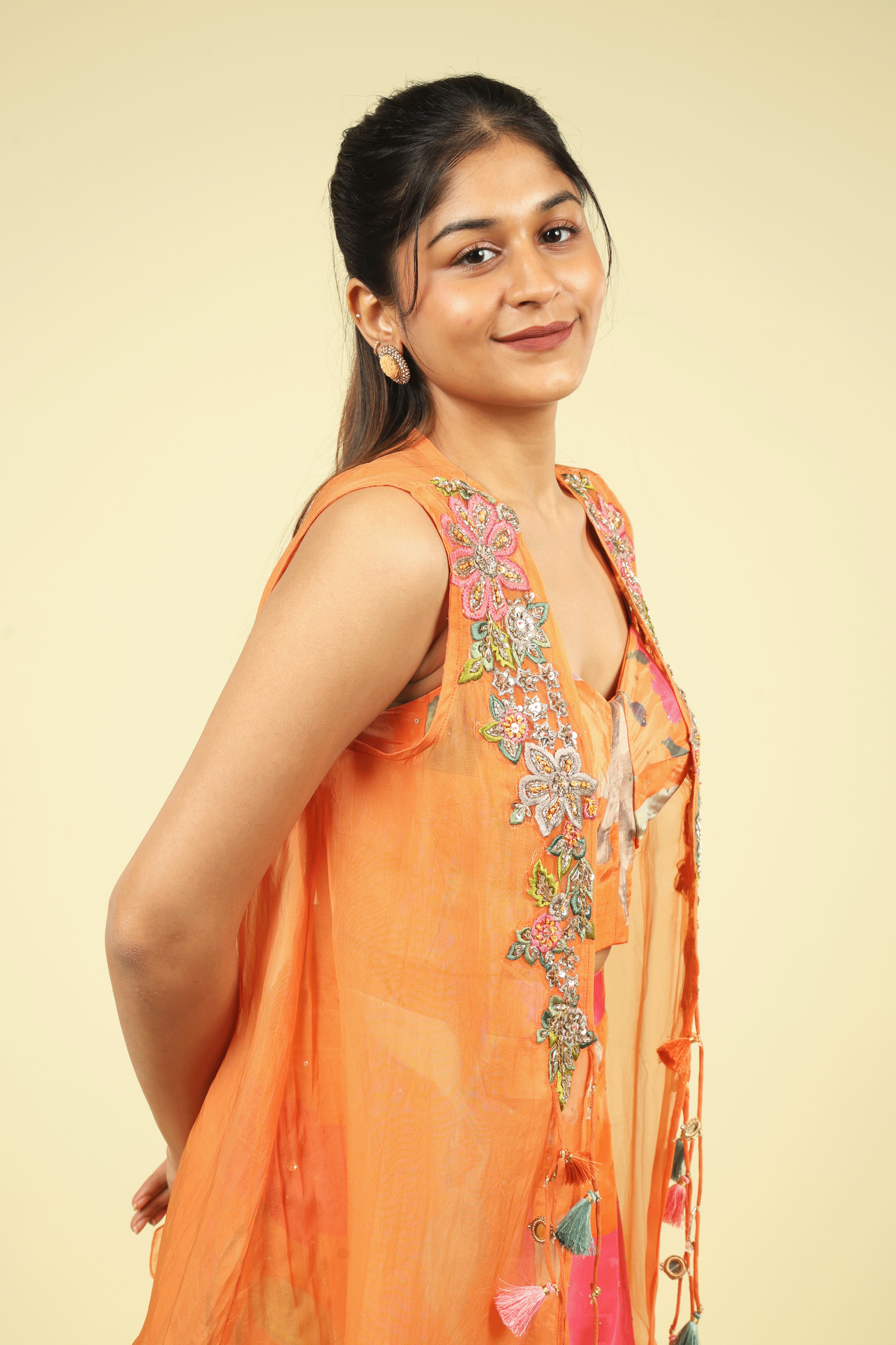 Orange Multi-Colour Printed Crepe Palazzo Set with Organza Jacket - Mokshaa