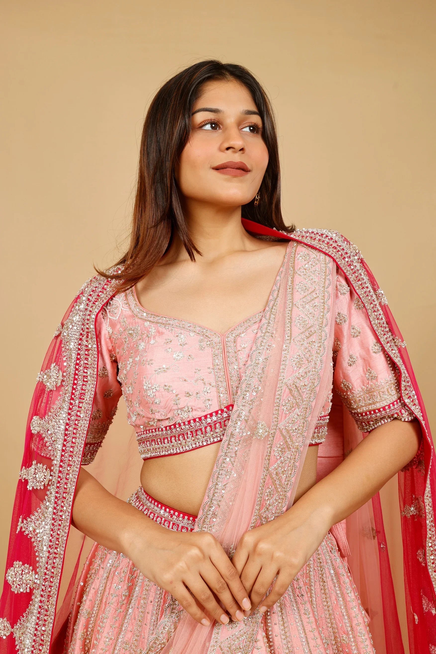 Pink Ombre Raw Silk Bridal Lehenga Set with Zari, Sequin & Zardozi Embroidery - Mokshaa