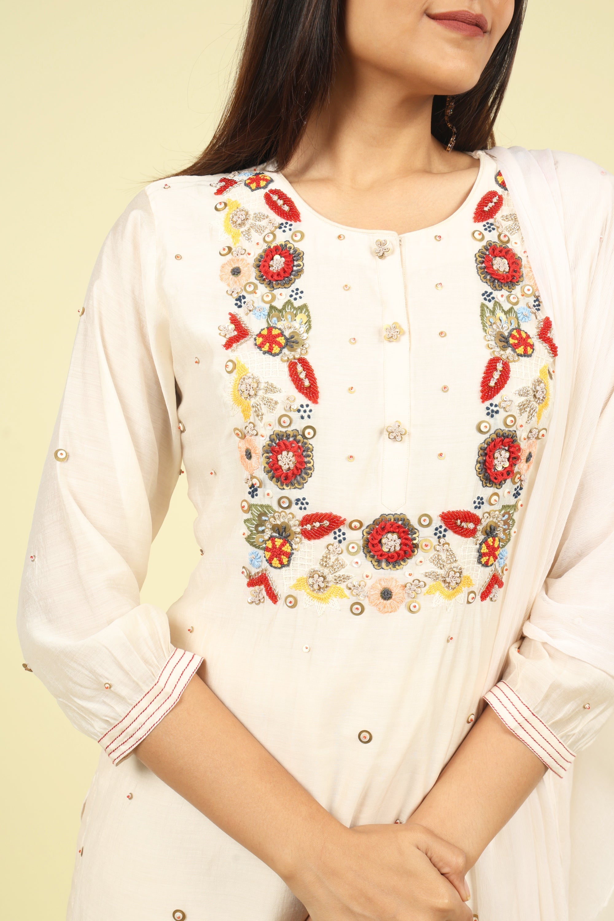 Cream Mul Chanderi Straight Cut Salwar Suit with Chiffon Dupatta - Mokshaa