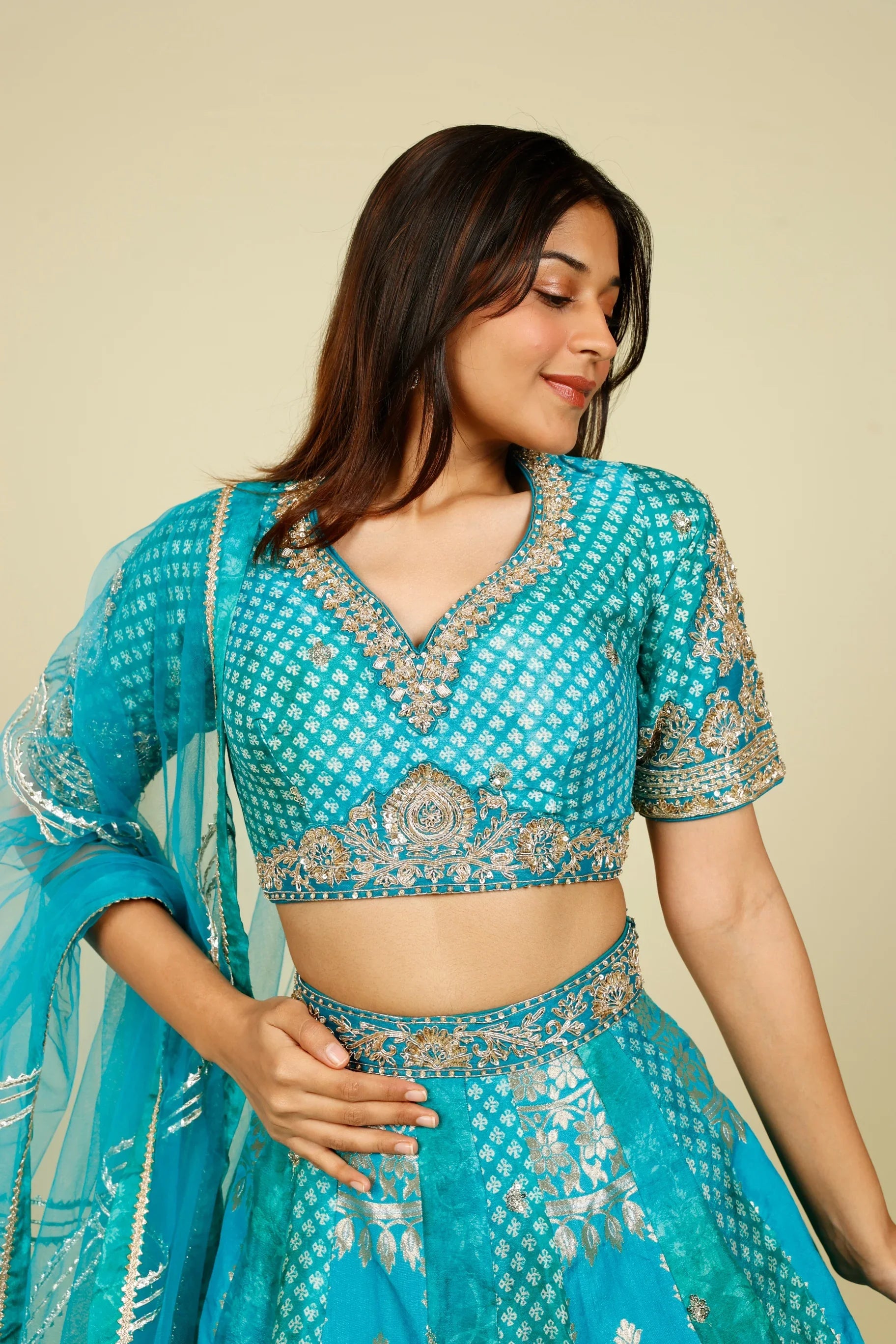 Teal Banarasi Printed Lehenga Set with Zari, Zardozi & Sequin Embroidery - Mokshaa