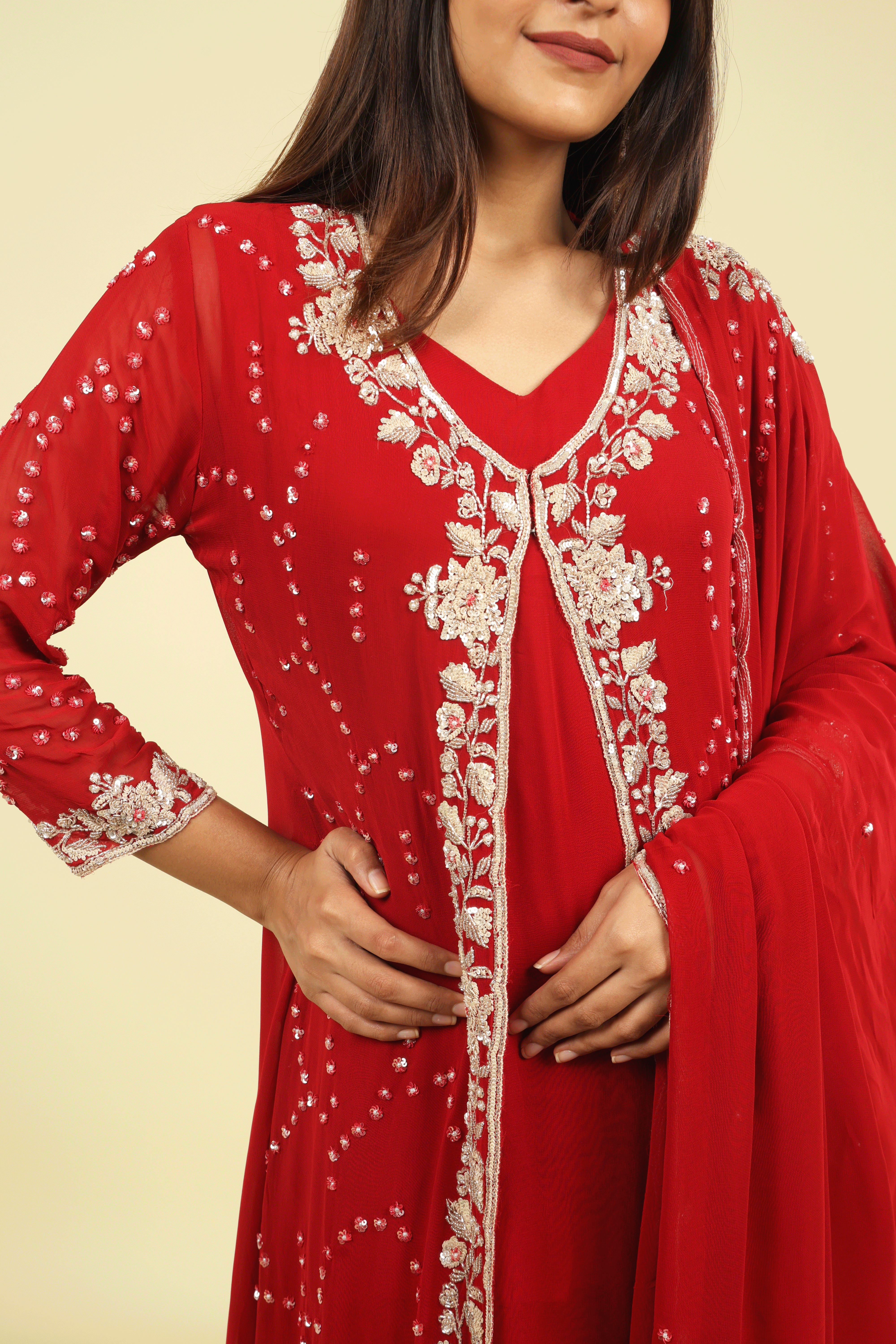 Red Georgette Anarkali Cape Set with Sequin, Cutdana & Pearl Embroidery - Mokshaa
