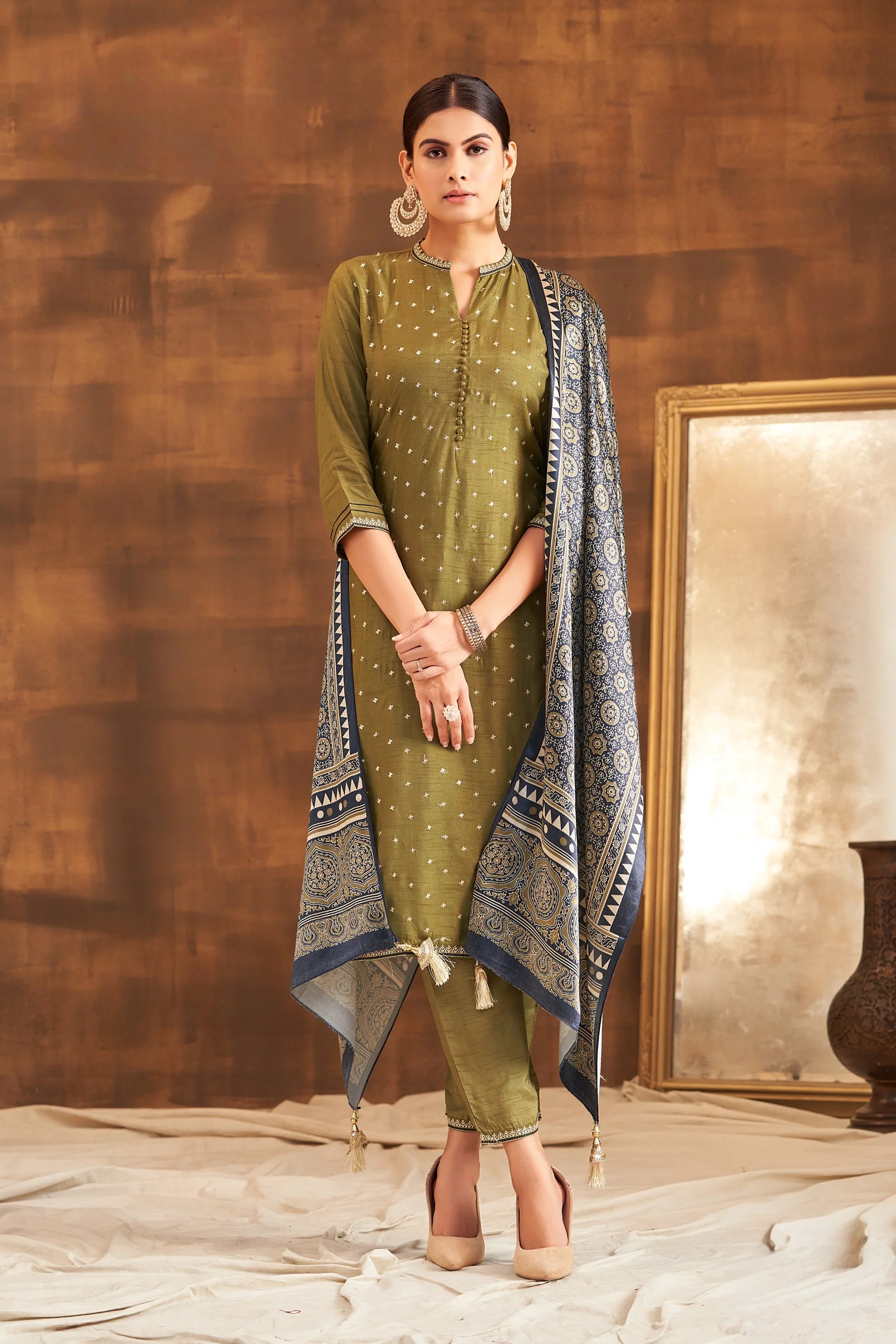 Olive Raw Silk Kurta Set with Ajrakh Printed Dupatta - Mokshaa