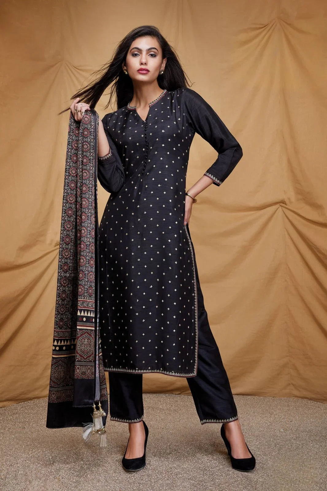 Black Raw Silk Kurta Set with Ajrakh Printed Dupatta - Mokshaa