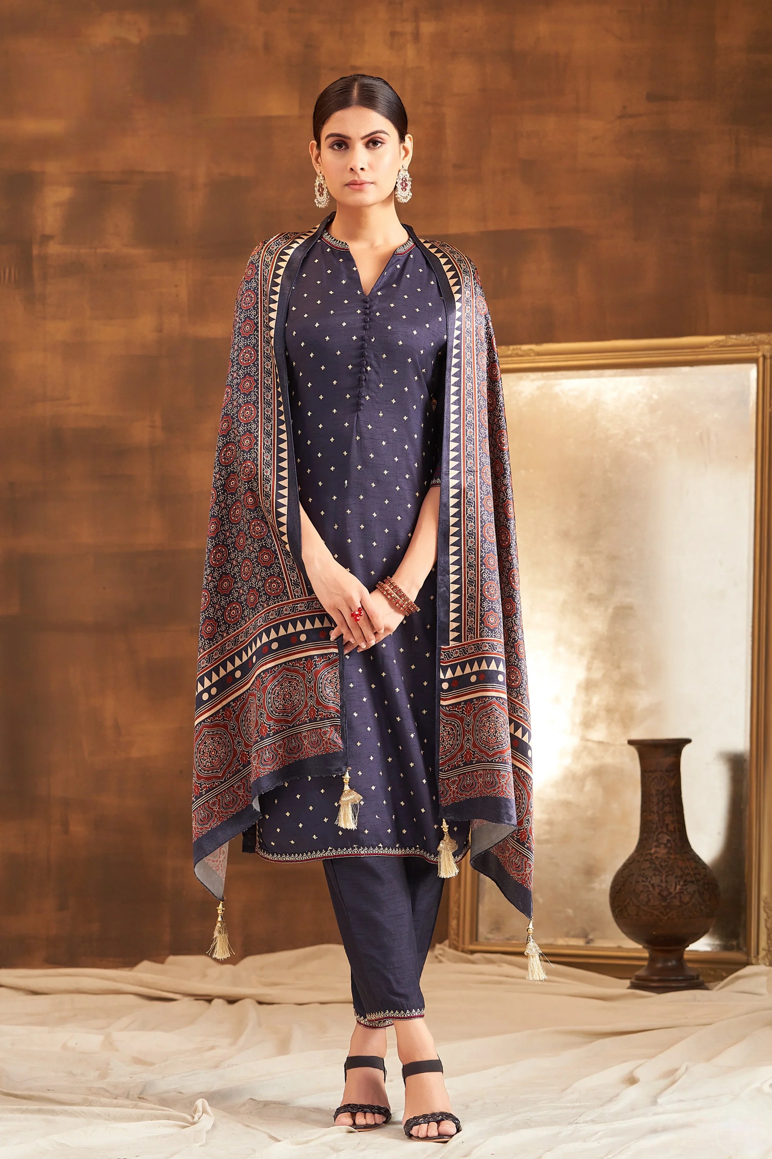 Navy Blue Raw Silk Kurta Set with Ajrakh Printed Dupatta - Mokshaa