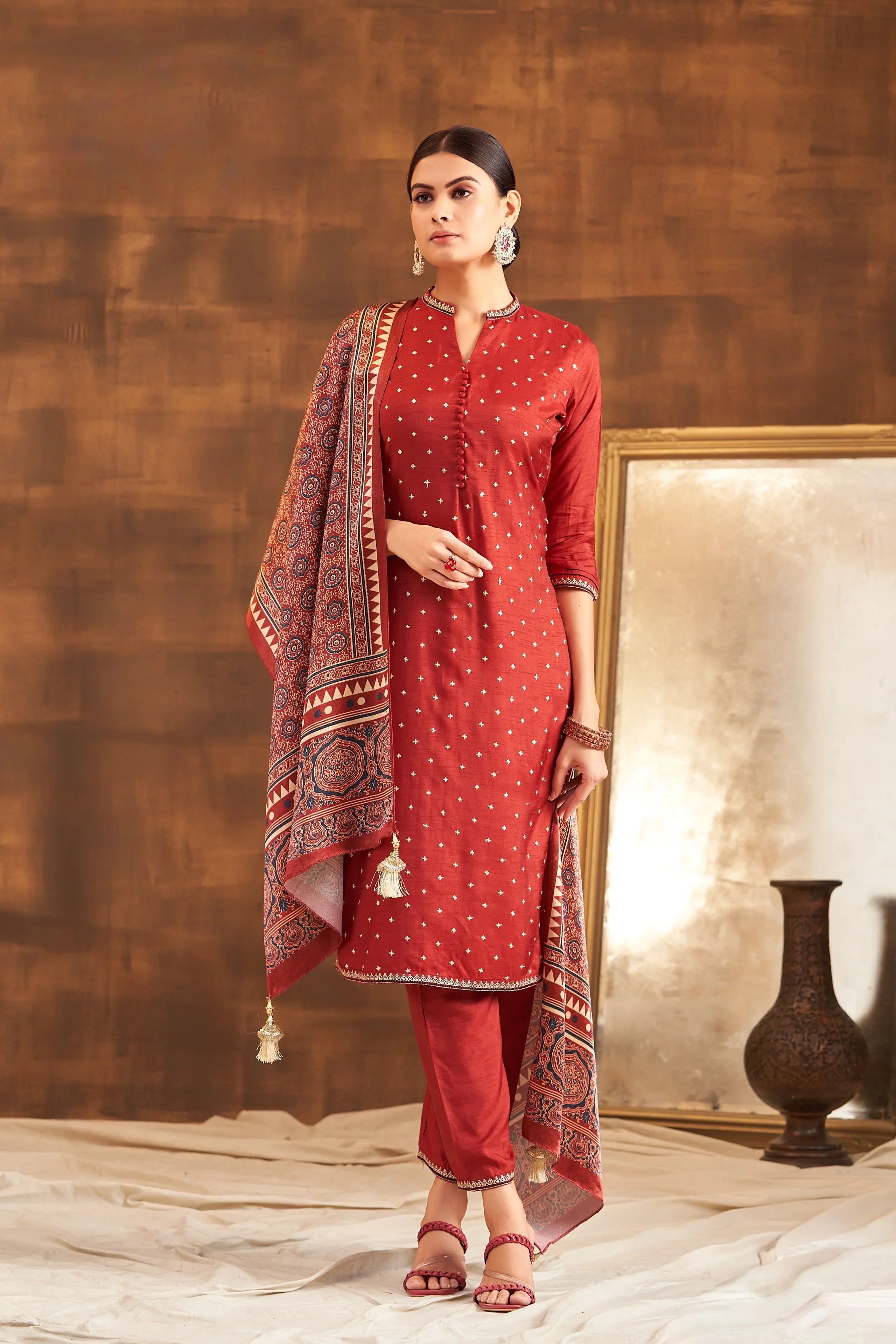 Red Raw Silk Kurta Set with Ajrakh Printed Dupatta - Mokshaa