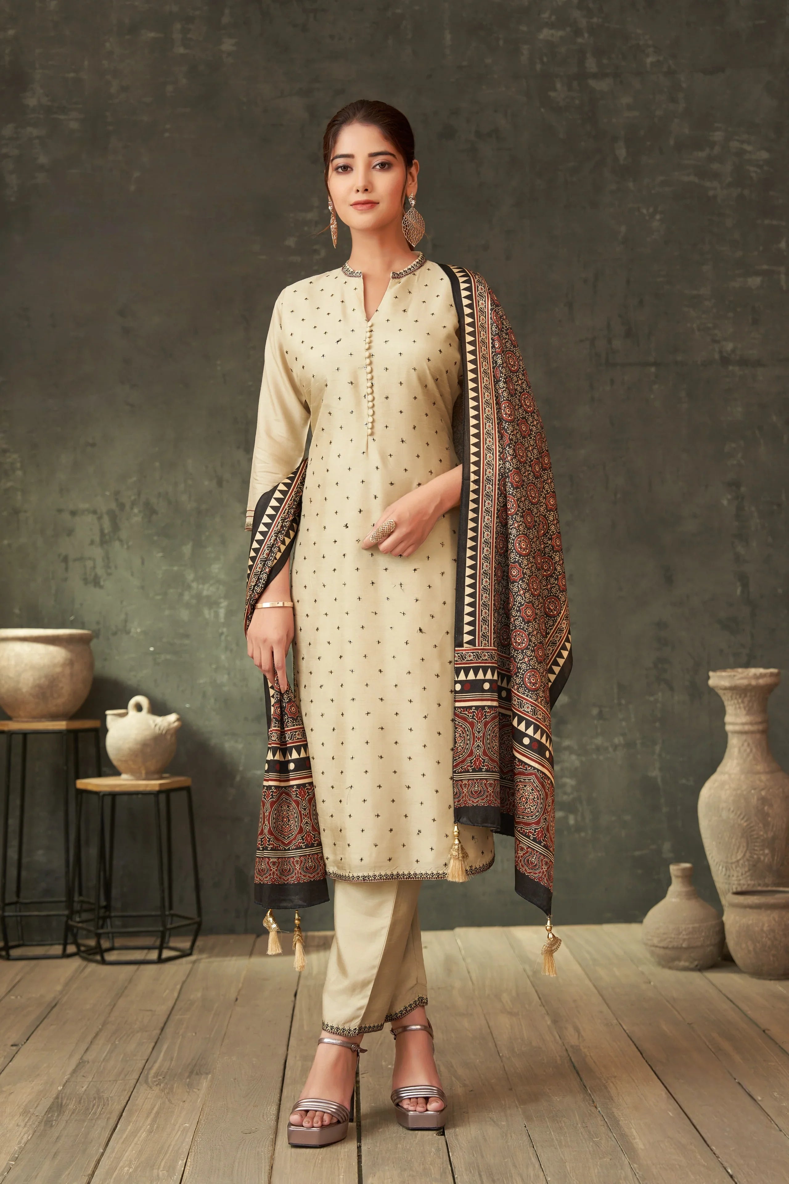 Ivory Raw Silk Kurta Set with Ajrakh Printed Dupatta - Mokshaa