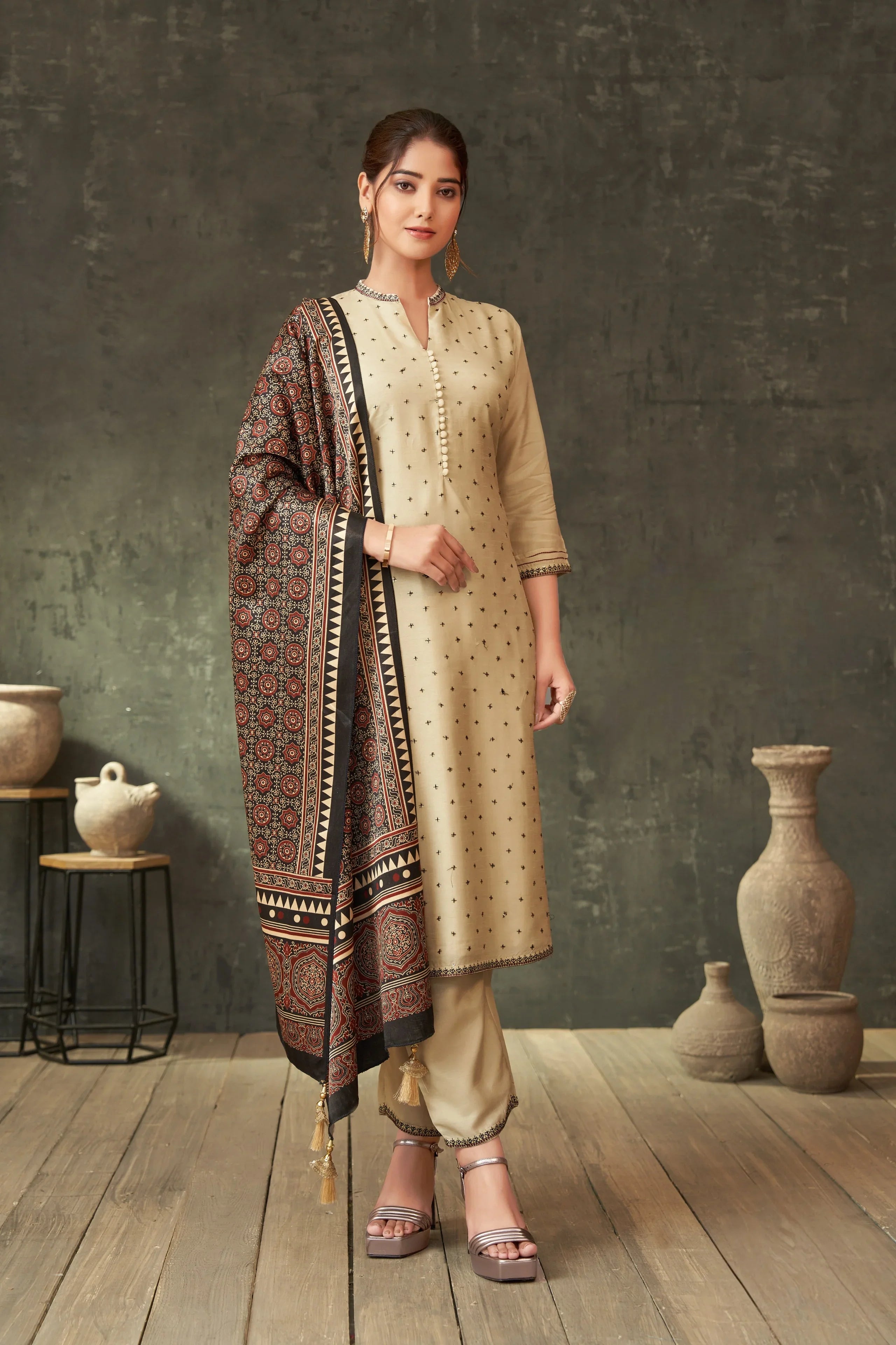 Ivory Raw Silk Kurta Set with Ajrakh Printed Dupatta - Mokshaa