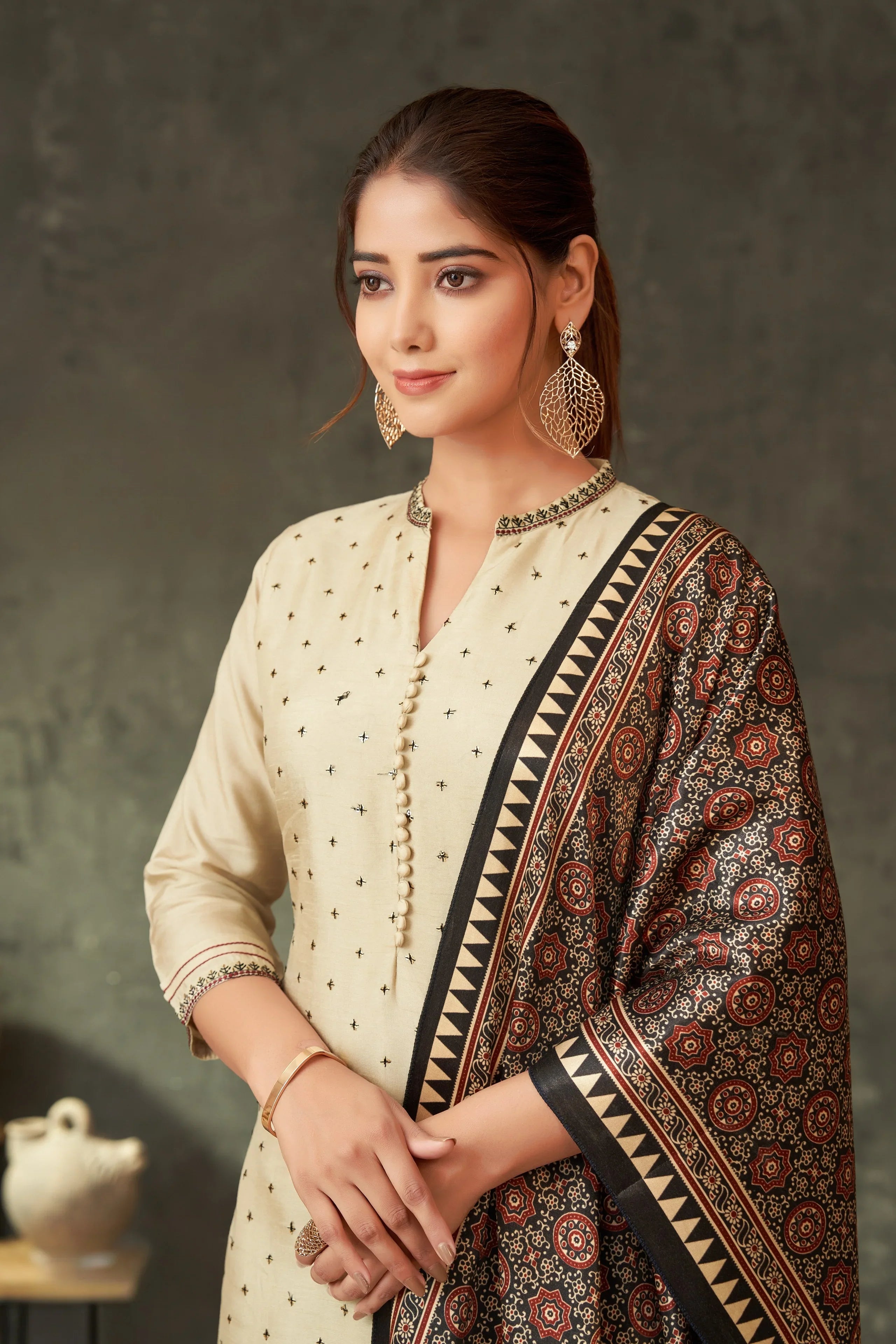 Ivory Raw Silk Kurta Set with Ajrakh Printed Dupatta - Mokshaa