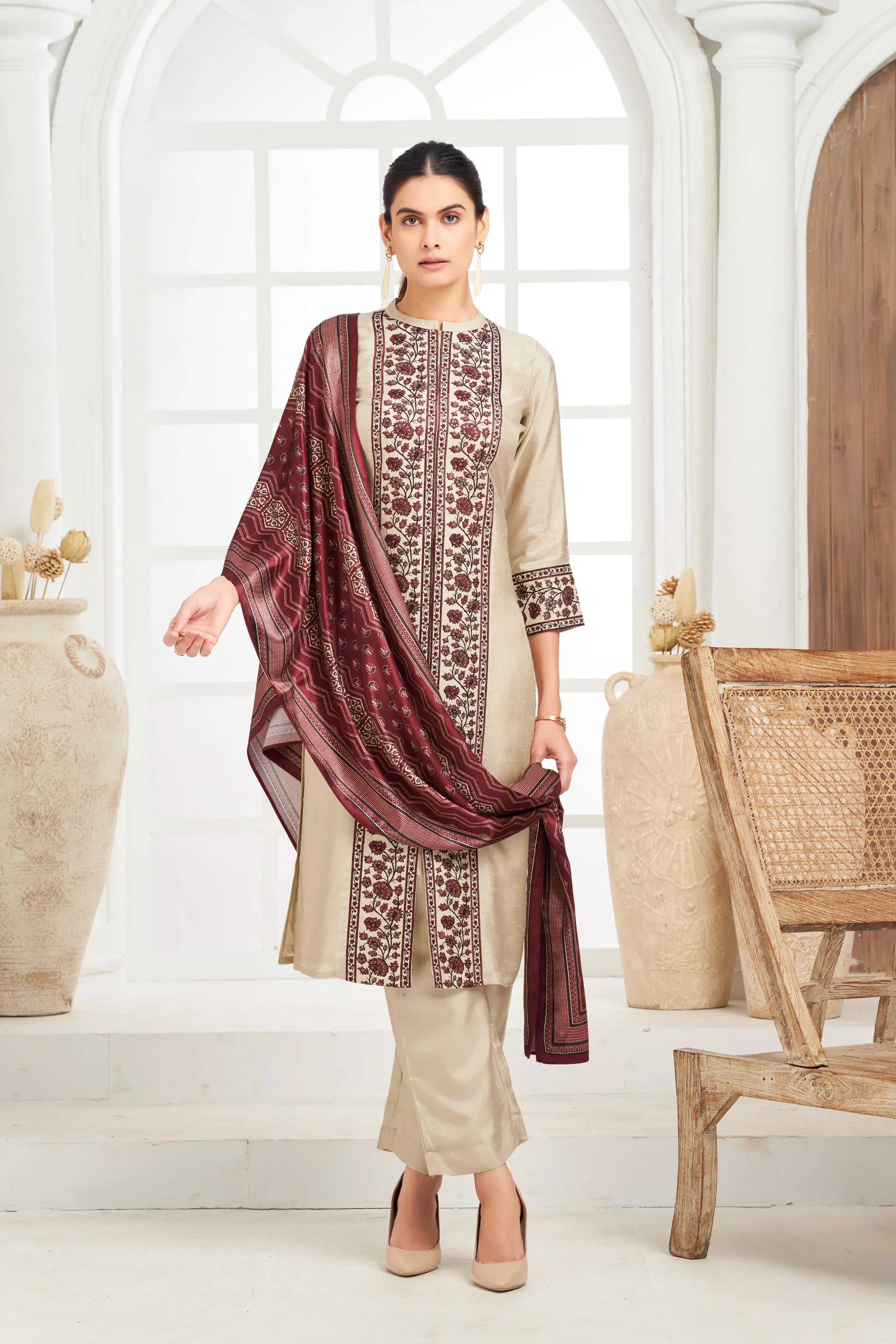 Ivory Embroidered Silk Kurta Set with Printed Dupatta - Mokshaa