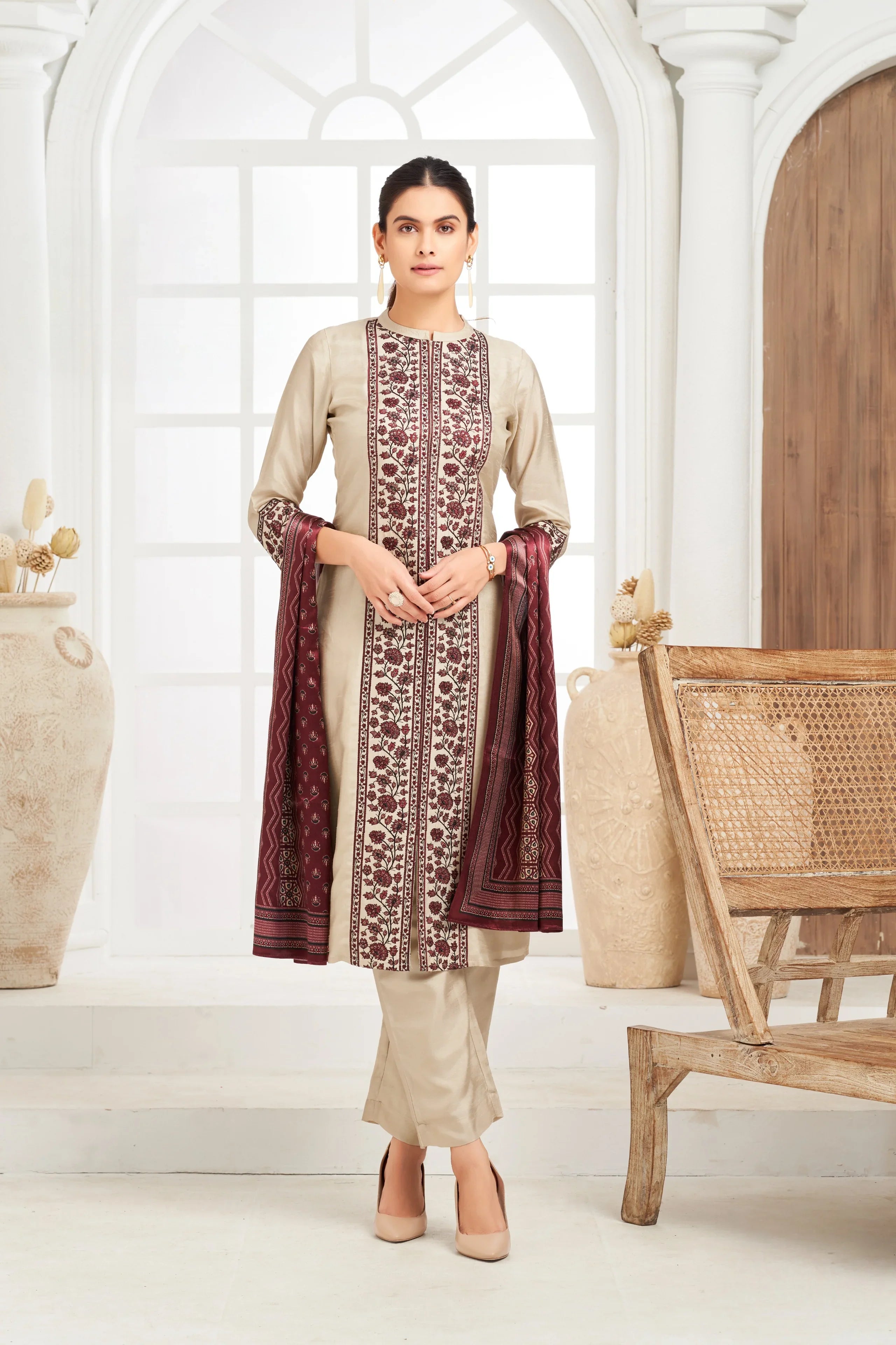 Ivory Embroidered Silk Kurta Set with Printed Dupatta - Mokshaa