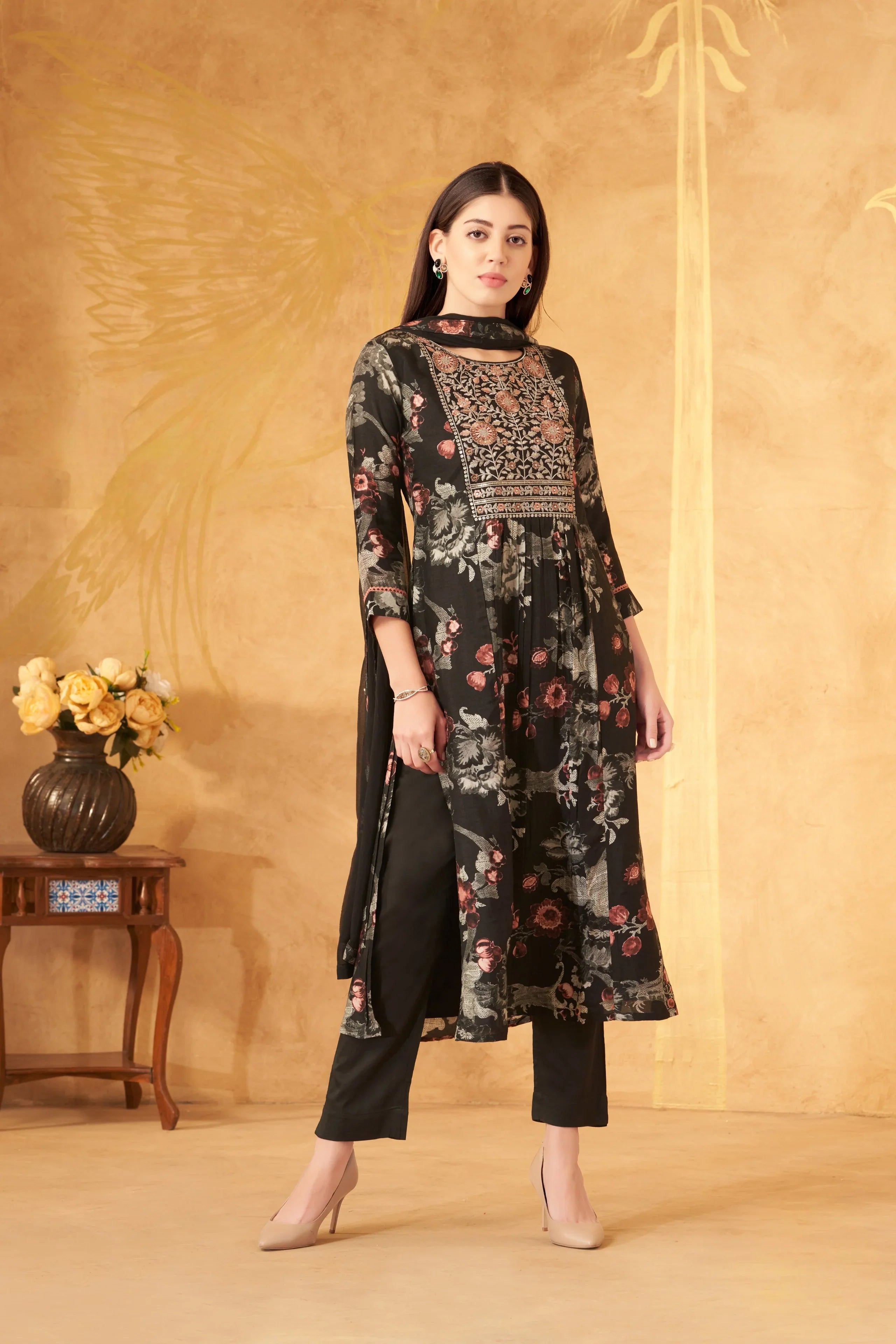 Black Floral Printed Kurta Set with Embroidered Yoke - Mokshaa