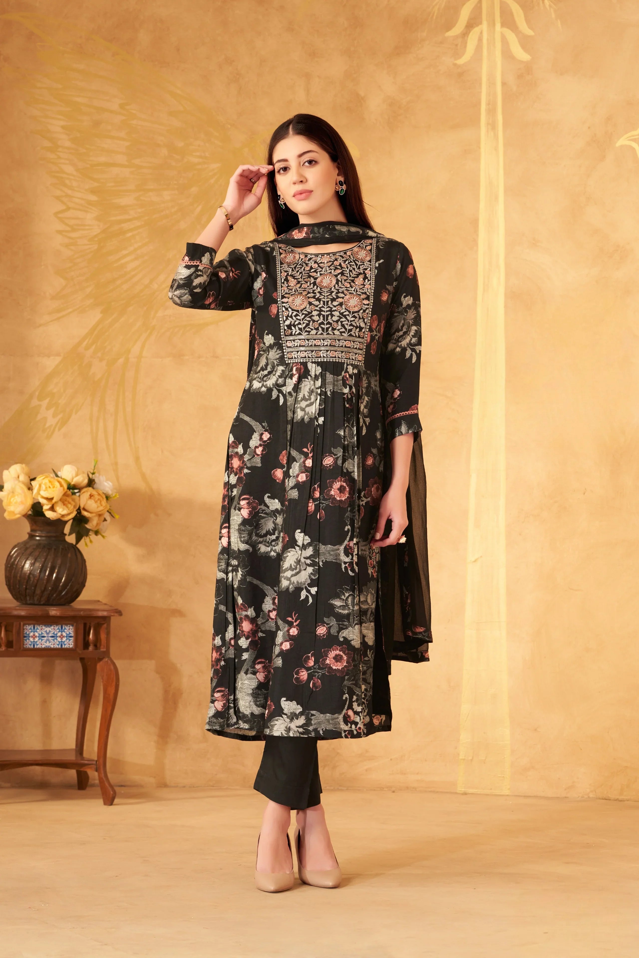 Black Floral Printed Kurta Set with Embroidered Yoke - Mokshaa