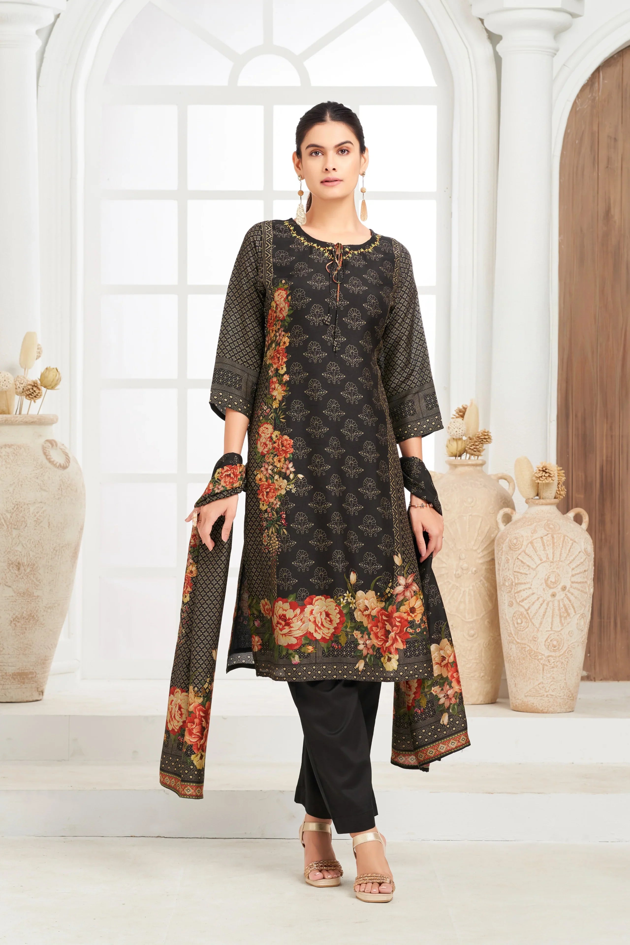 Black Floral Printed Kurta Set with Coordinated Dupatta - Mokshaa