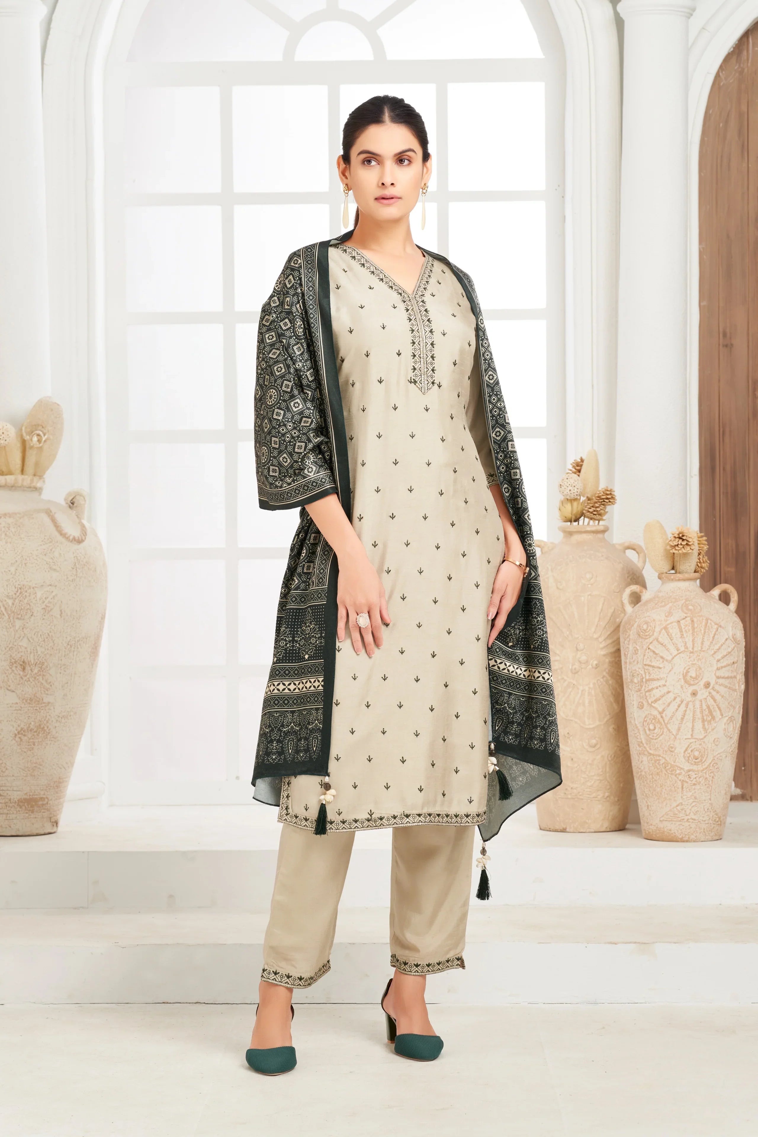 Beige Embroidered Silk Kurta Set with Printed Dupatta - Mokshaa