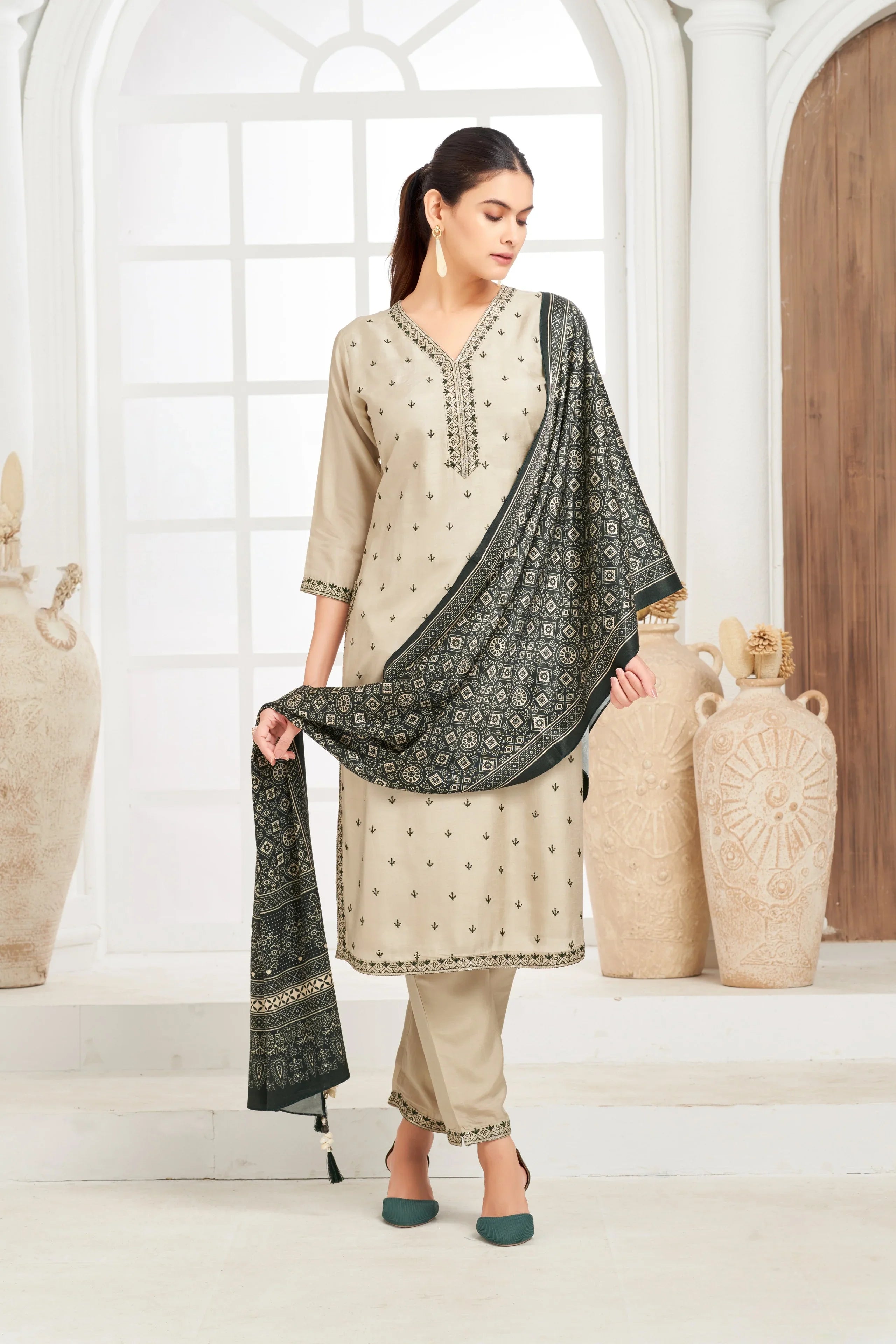 Beige Embroidered Silk Kurta Set with Printed Dupatta - Mokshaa