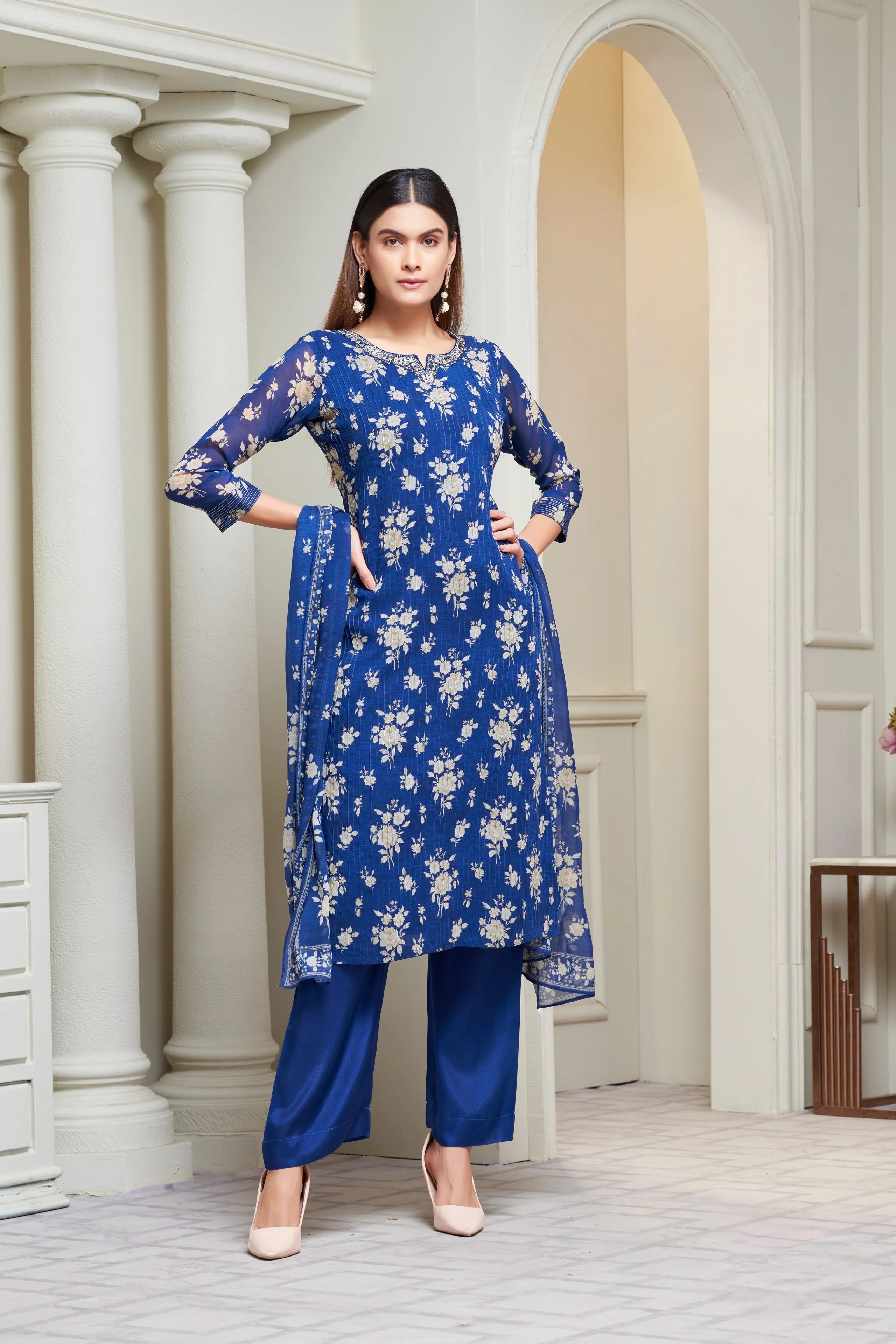 Royal Blue Floral Printed Kurta Set with Sheer Dupatta - Mokshaa