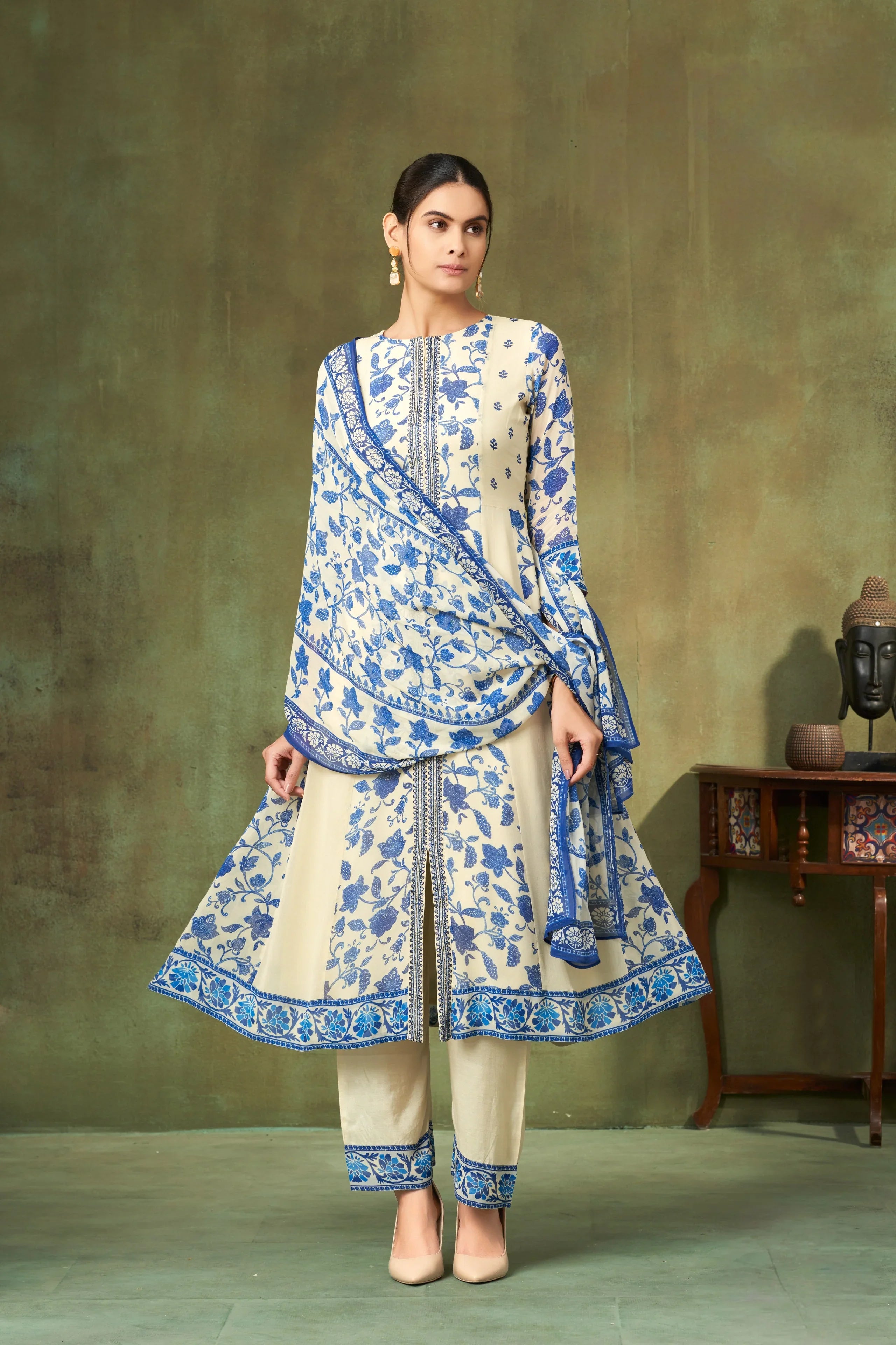 Ivory & Cobalt Blue Printed Silk A-Line Salwar Suit with Floral Vine Motifs - Mokshaa