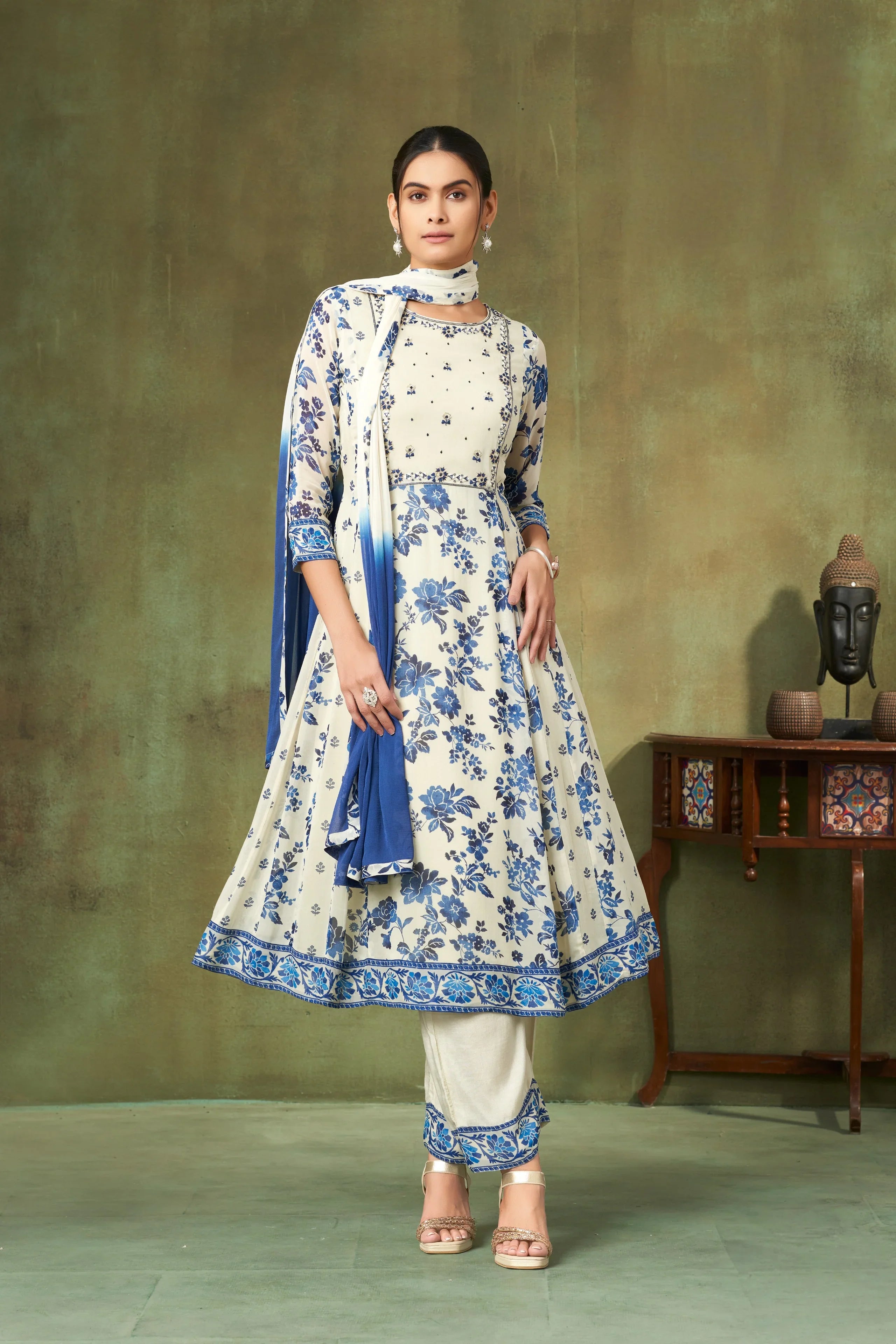 Ivory & Blue Floral Georgette A-Line Salwar Suit - Mokshaa